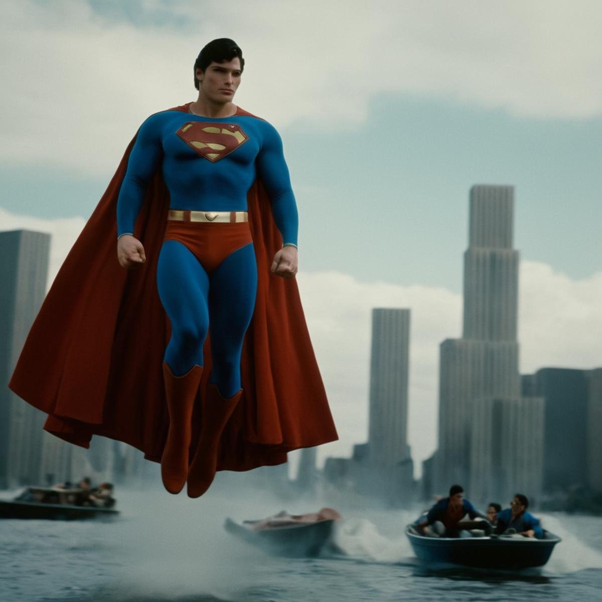 cinematic film still of  <lora:Superman v3:1>young Christopher Reeve, Kal-El, Kryptonian, Man of Steel, Superman a 1970's superman flying over a city with a boat in the water,solo,black hair,1boy,male focus,belt,cape,flying,city,realistic,retro artstyle,superhero,photo background, shallow depth of field, vignette, highly detailed, high budget, bokeh, cinemascope, moody, epic, gorgeous, film grain, grainy