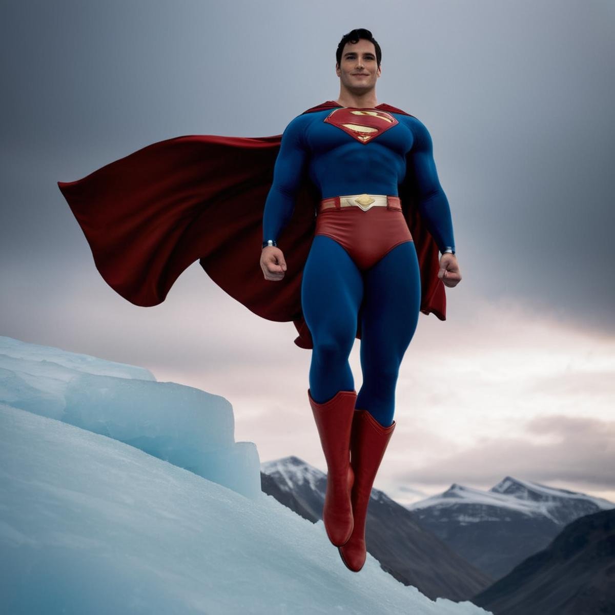 cinematic film still of  <lora:Superman v3:1>Kal-El, Kryptonian, Man of Steel, Superman a comic book superman hovering over a ice cold mountain in north pole with a dark cloudy sky,solo,smile,black hair,1boy,male focus,boots,sky,belt,cloud,cape,bodysuit,muscular,mountain,red flying cape,superhero, shallow depth of field, vignette, highly detailed, high budget, bokeh, cinemascope, moody, epic, gorgeous, film grain, grainy