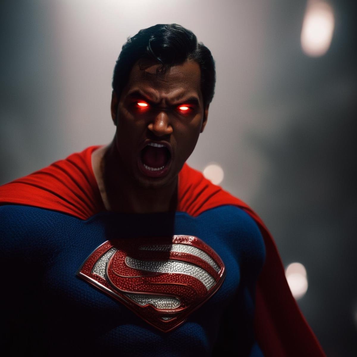 cinematic film still of  <lora:Superman v3:1>closeup, Man of Steel, Superman a man with red eyes and a red cape,solo,open mouth,black hair,red eyes,1boy,male focus,dark skin,blurry,glowing,dark-skinned male,glowing eyes,photo background, profile look, anger, high angle, shallow depth of field, vignette, highly detailed, high budget, bokeh, cinemascope, moody, epic, gorgeous, film grain, grainy