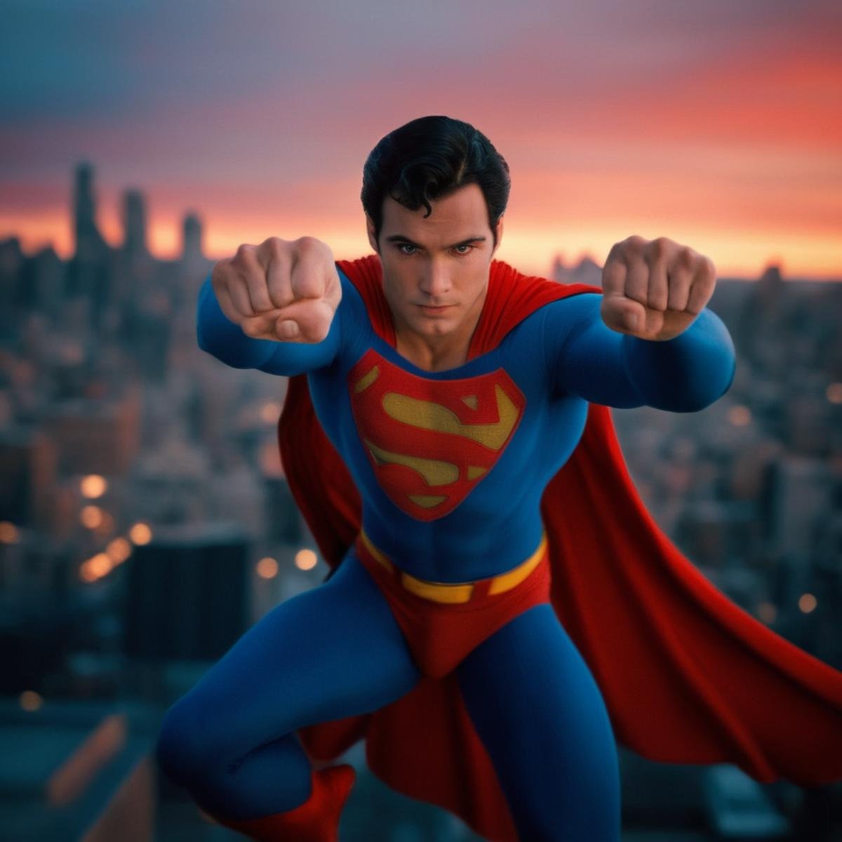 cinematic film still of  <lora:Superman v3:1>Kal-El, Kryptonian, Man of Steel, Superman a classic 1970's superman flying over a city with a red sunset sky, stretch flying to the camera, flying towards viewers, fist up, solo,blue eyes,black hair,1boy,male focus,blurry,flying,city,superhero, shallow depth of field, vignette, highly detailed, high budget, bokeh, cinemascope, moody, epic, gorgeous, film grain, grainy