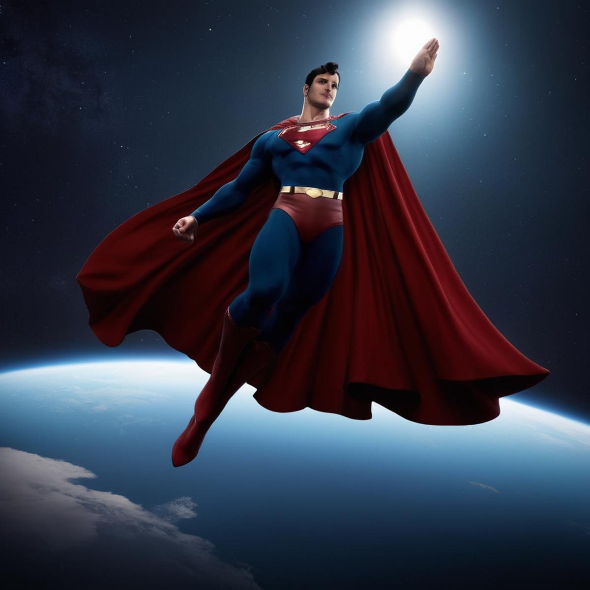 cinematic film still of  <lora:Superman v3:1>Kal-El, Kryptonian, Man of Steel, Superman a man flying through the air over a planet, saluting viewers with hand in outer space with planet earth below, stars in dark sky, solo,smile,black hair,1boy,male focus,sky,signature,cape,grin,hand on hip,bodysuit,star (sky),realistic,red cape,salute,space,planet,superhero,earth (planet), shallow depth of field, vignette, highly detailed, high budget, bokeh, cinemascope, moody, epic, gorgeous, film grain, grainy