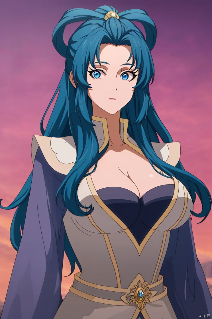 Hair temples,Flying bun hairstyle,
1girl, solo, long hair, breasts, looking at viewer,  blue eyes, large breasts, cleavage, blue hair,(masterpiece, 8K, high quality,
highres, ultra-detailed,  absurdres, best quality, detailed), sidelighting, lustrous skin, 