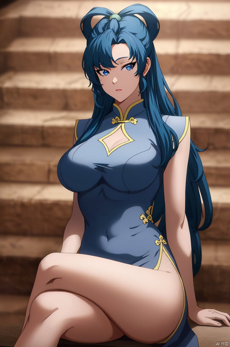 Flying bun hairstyle,Cheongsam, blue cheongsam, sitting, sitting with crossed legs,
1girl, solo, long hair, breasts, looking at viewer,  blue eyes, large breasts, , blue hair,(masterpiece, 8K, high quality,
highres, ultra-detailed,  absurdres, best quality, detailed), sidelighting, lustrous skin, 