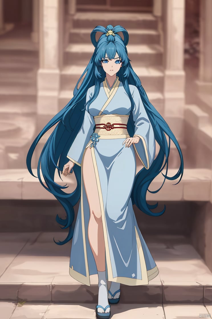 Full body, full body like,
Blue ancient costume, Chinese Hanfu,Hair temples,Flying bun hairstyle,
1girl, solo, long hair, breasts, looking at viewer,  blue eyes, large breasts,, blue hair,(masterpiece, 8K, high quality,
highres, ultra-detailed,  absurdres, best quality, detailed), sidelighting, lustrous skin, 