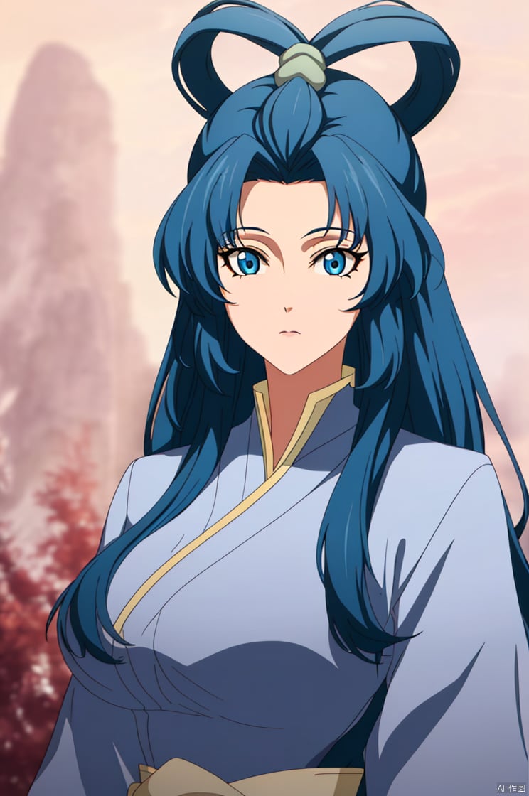 Blue ancient costume, Chinese Hanfu,Hair temples,Flying bun hairstyle,
1girl, solo, long hair, breasts, looking at viewer,  blue eyes, large breasts,, blue hair,(masterpiece, 8K, high quality,
highres, ultra-detailed,  absurdres, best quality, detailed), sidelighting, lustrous skin, 