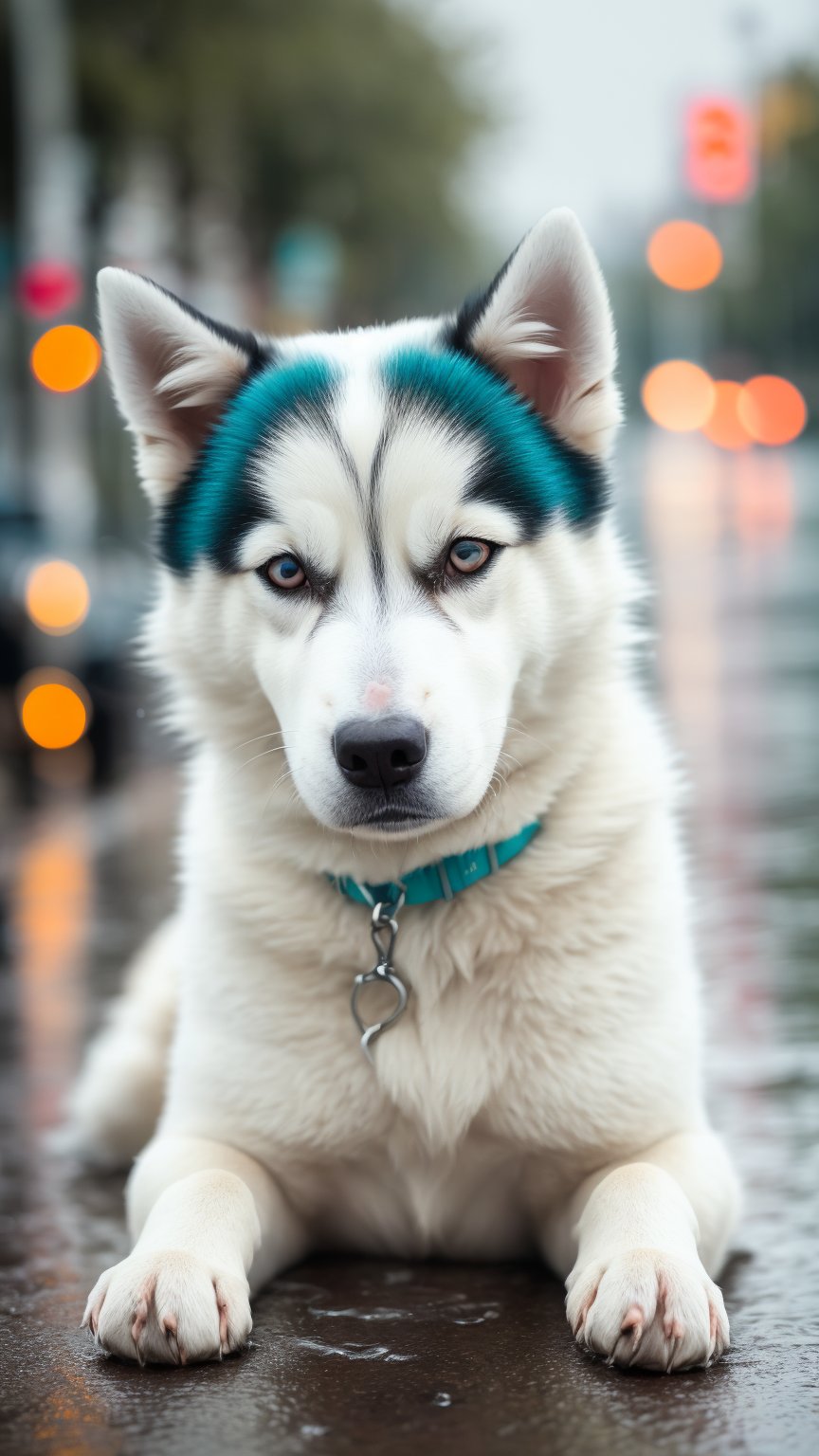 (a close up:1.2) of a white fat husky dog  laying on the ground,( rainy streets in the background:1.2),ultra detailed fur,(night:1.2),(depth of field:1.1),night town,cinematic shot,emphasis lines,explosion,motion blur,night,no humans,,outdoors,(rain:1.2),realistic,sky,water,(wet:1.2),8k uhd,dslr,soft lighting,high quality,(film grain:1.2),(Fujifilm XT3:1.2),teal and orange,(national geographic:1.2),award winning,close up beatiful dog eyes,