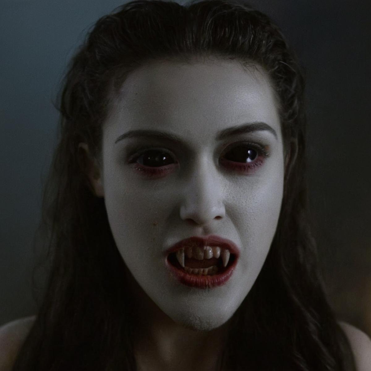 cinematic film still of Horror-themed, <lora:black sclera v2:1><lora:vampire teeth v3:1>a very hot looking vampire woman with fangs teeth and black sclera eyes looking at viewers, Eerie, unsettling, dark, spooky, suspenseful, grim, highly detailed , shallow depth of field, vignette, highly detailed, high budget, bokeh, cinemascope, moody, epic, gorgeous, film grain, grainy