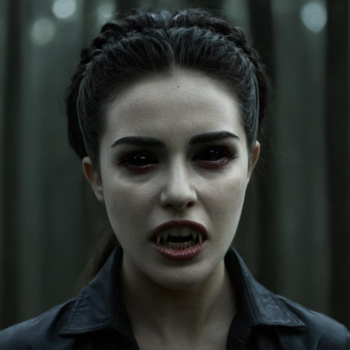 cinematic film still of Horror-themed, <lora:black sclera v2:1><lora:vampire teeth v3:0.8>a very hot looking vampire woman with fangs teeth and black sclera eyes and veins looking at viewers, Eerie, unsettling, dark, spooky, suspenseful, grim, highly detailed , shallow depth of field, vignette, highly detailed, high budget, bokeh, cinemascope, moody, epic, gorgeous, film grain, grainy