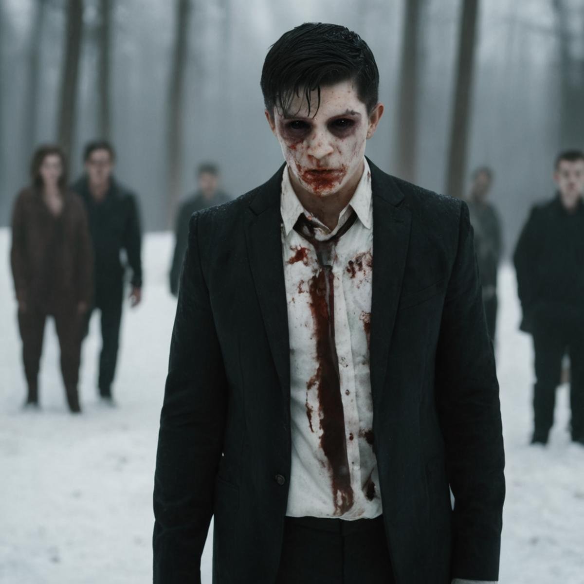 cinematic film still of Horror-themed, <lora:black sclera v2:1>a white face zombie man with a bloody face and a suit on,looking at viewer,short hair,shirt,black hair,long sleeves,1boy,jacket,white shirt,male focus,multiple boys,solo focus,pants,blurry,black eyes,black jacket,blood,black pants,formal,suit,all fours,blood on face , black sclera, black eyes, dark eyes, hollow eyes, empty eyes, bloody face, crawling in winter snow, fire in backgroun, shallow depth of field, vignette, highly detailed, high budget, bokeh, cinemascope, moody, epic, gorgeous, film grain, grainy