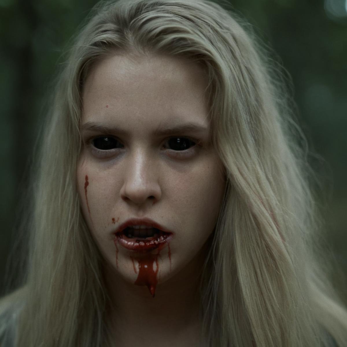 cinematic film still of Horror-themed, <lora:black sclera v2:1>a long hair blonde young pretty woman with a bloody face and a bloody wound in her mouth,1girl,solo,long hair,looking at viewer,blonde hair,teeth,black eyes,lips,blood,clenched teeth,portrait,blood on face,realistic,blood from mouth , black sclera, black eyes, dark eyes, hollow eyes, empty eyes, shallow depth of field, vignette, highly detailed, high budget, bokeh, cinemascope, moody, epic, gorgeous, film grain, grainy