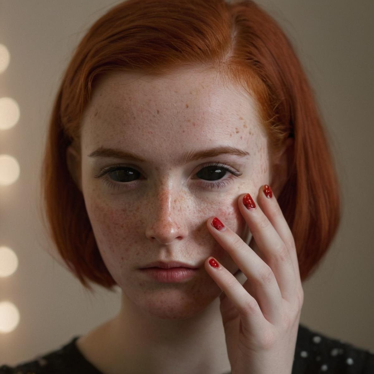 cinematic film still of Horror-themed, <lora:black sclera v2:1>a white skin woman with red hair covering her face,1girl,solo,looking at viewer,short hair,black eyes,flower,nail polish,blurry,portrait,close-up,freckles,realistic,covering mouth , black sclera, black eyes, dark eyes, hollow eyes, empty eyes, shallow depth of field, vignette, highly detailed, high budget, bokeh, cinemascope, moody, epic, gorgeous, film grain, grainy