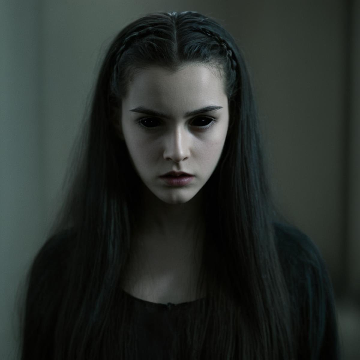 cinematic film still of Horror-themed, <lora:black sclera v2:1>a young girl with very long hair and a creepy look,1girl,solo,long hair,looking at viewer,black hair,black eyes,lips,portrait,realistic , black sclera, black eyes, dark eyes, hollow eyes, empty eyes, shallow depth of field, vignette, highly detailed, high budget, bokeh, cinemascope, moody, epic, gorgeous, film grain, grainy