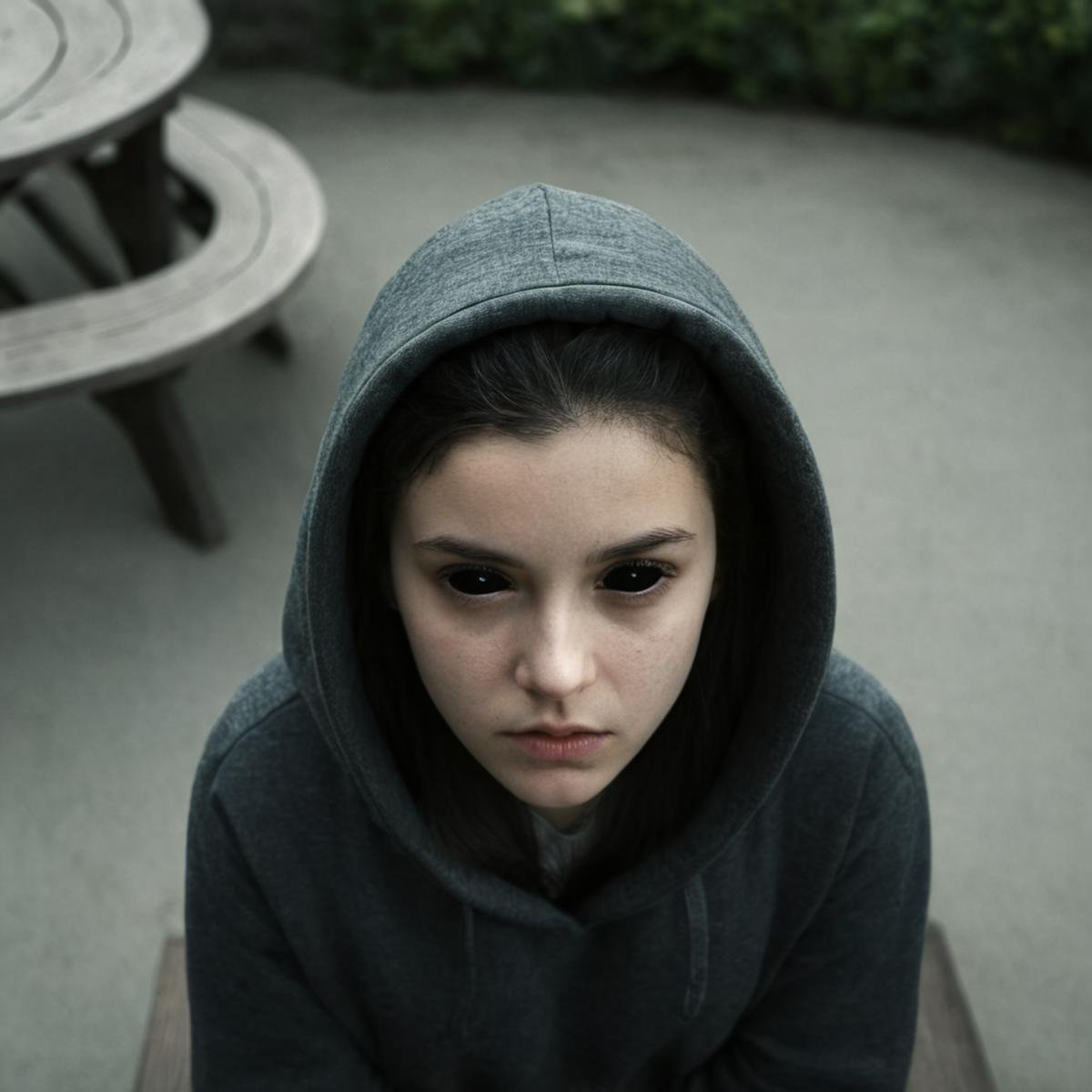 cinematic film still of Horror-themed, <lora:black sclera v2:1>high angle from above a young girl with a hood on sitting in a patio,1girl,solo,looking at viewer,black hair,closed mouth,hood,black eyes,lips,realistic,bench , black sclera, black eyes, dark eyes, hollow eyes, empty eyes, shallow depth of field, vignette, highly detailed, high budget, bokeh, cinemascope, moody, epic, gorgeous, film grain, grainy