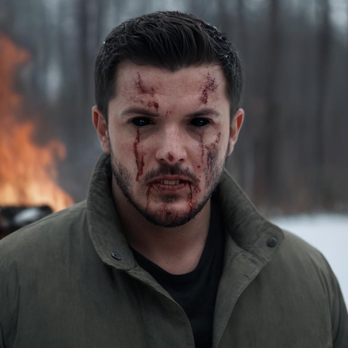 cinematic film still of Horror-themed, <lora:black sclera v2:1>a man in coat with a bloody face and a jacket on,solo,looking at viewer,short hair,black hair,1boy,jacket,upper body,male focus,teeth,blurry,blurry background,facial hair,scar,fire,clenched teeth,beard,scar on face,stubble , black sclera, black eyes, dark eyes, hollow eyes, empty eyes, bloody face, fire in background, snow winter, shallow depth of field, vignette, highly detailed, high budget, bokeh, cinemascope, moody, epic, gorgeous, film grain, grainy