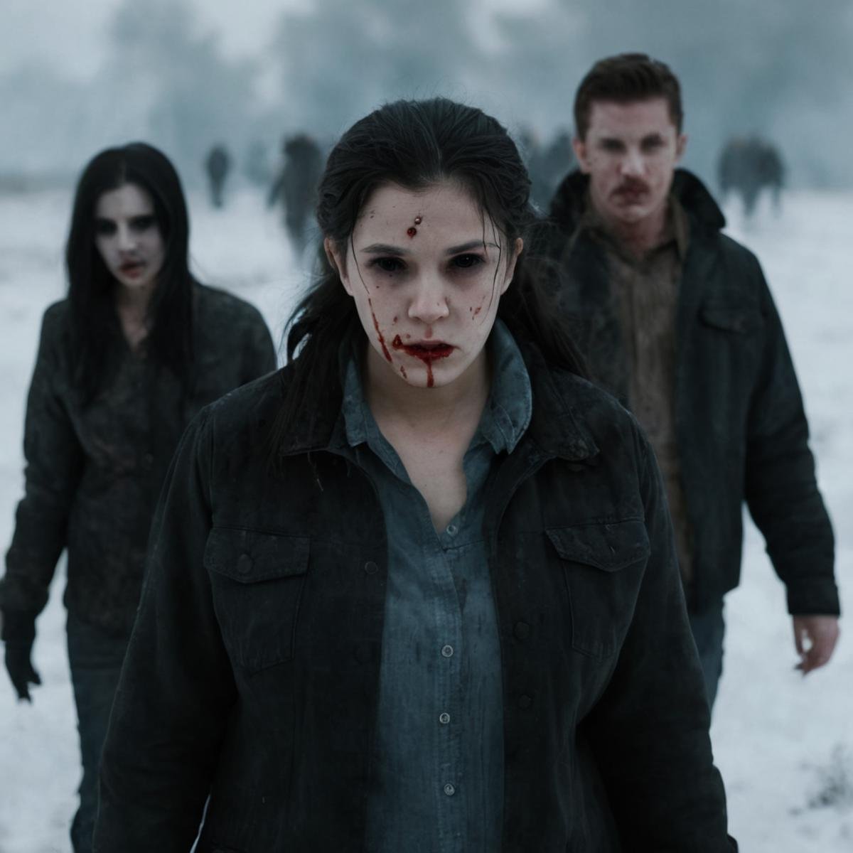 cinematic film still of Horror-themed, <lora:black sclera v2:1>a group of zombies walking through a snow covered field,1girl,shirt,black hair,jacket,multiple boys,2boys,blurry,black jacket,blood,blurry background,facial hair,smoke,cigarette,blood on face,smoking,blood on clothes , black sclera, black eyes, dark eyes, hollow eyes, empty eyes, fire in backgroun, shallow depth of field, vignette, highly detailed, high budget, bokeh, cinemascope, moody, epic, gorgeous, film grain, grainy