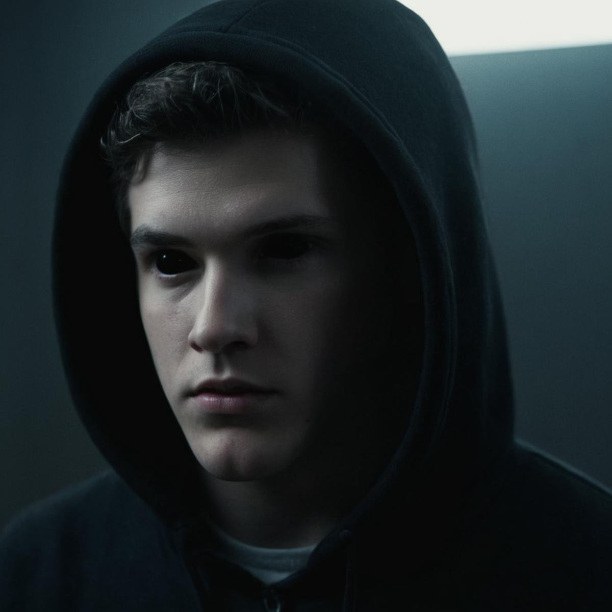 cinematic film still of Horror-themed, <lora:black sclera v2:1>a young creepy white face boy with a hoodie on in a dark room,solo,looking at viewer,1boy,monochrome,male focus,hood,hood up,realistic,dark,horror (theme) , black sclera, black eyes, dark eyes, hollow eyes, empty eyes, shallow depth of field, vignette, highly detailed, high budget, bokeh, cinemascope, moody, epic, gorgeous, film grain, grainy