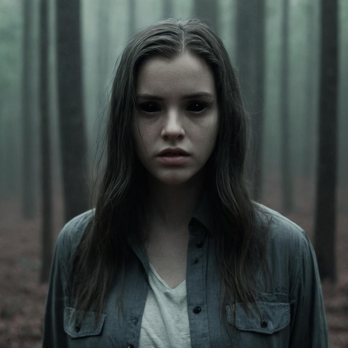 cinematic film still of Horror-themed, <lora:black sclera v2:1>a young woman with long hair standing in a forest,1girl,solo,long hair,looking at viewer,shirt,closed mouth,monochrome,upper body,greyscale,collared shirt,blurry,lips,blurry background,rain,realistic , black sclera, black eyes, dark eyes, hollow eyes, empty eyes, shallow depth of field, vignette, highly detailed, high budget, bokeh, cinemascope, moody, epic, gorgeous, film grain, grainy