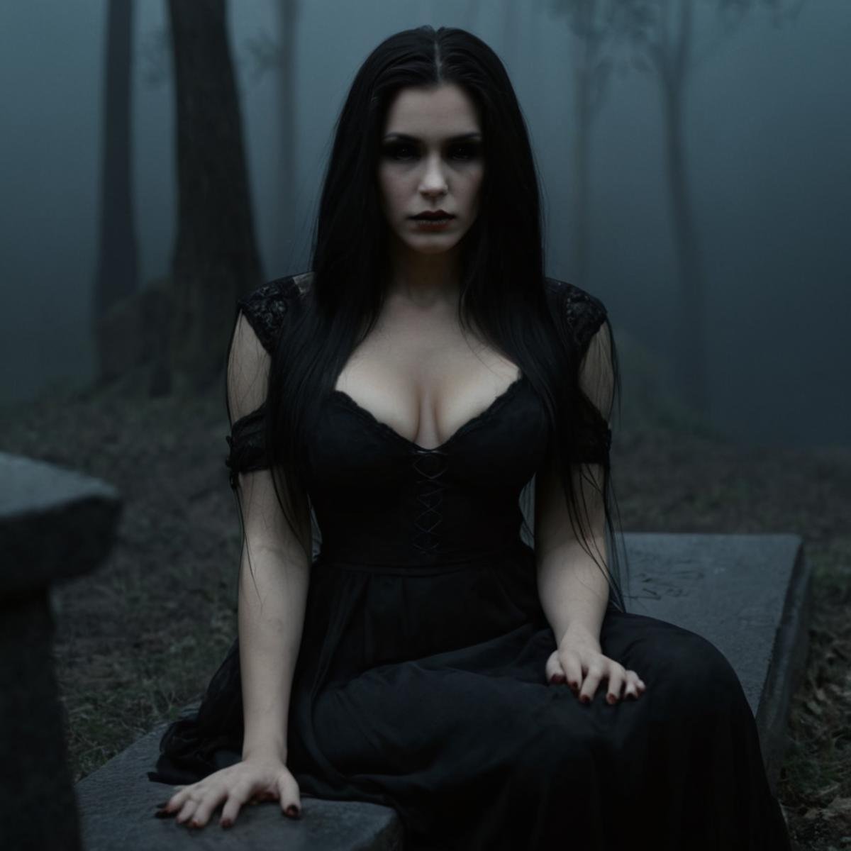 cinematic film still of Horror-themed, <lora:black sclera v2:1>a gothic long hair sexy bare feet witch woman in a black dress sitting on a grave in the dark foggy night,1girl,solo,long hair,breasts,black hair,cleavage,medium breasts,sitting,blood,pale skin,blood on hands , black sclera, black eyes, dark eyes, hollow eyes, empty eyes, shallow depth of field, vignette, highly detailed, high budget, bokeh, cinemascope, moody, epic, gorgeous, film grain, grainy