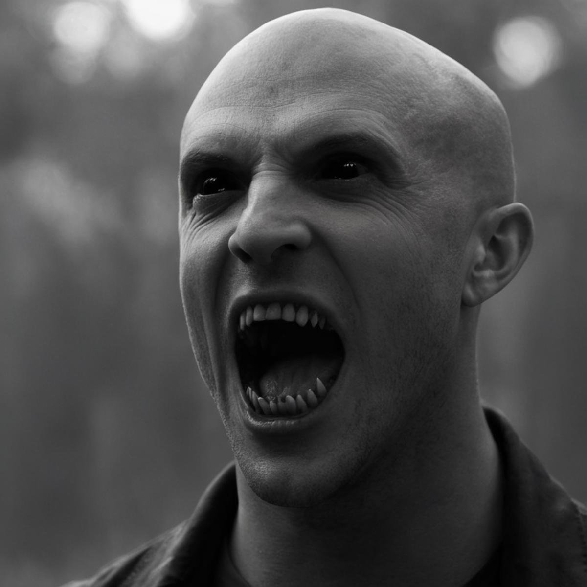 cinematic film still of Horror-themed, <lora:black sclera v2:1>a demonic bald vampire creature male with a large vampire mouth and a big grin,solo,open mouth,simple background,1boy,monochrome,greyscale,male focus,teeth,sharp teeth,realistic,bald,horror (theme) , black sclera, black eyes, dark eyes, hollow eyes, empty eyes, vampire teeth, shallow depth of field, vignette, highly detailed, high budget, bokeh, cinemascope, moody, epic, gorgeous, film grain, grainy