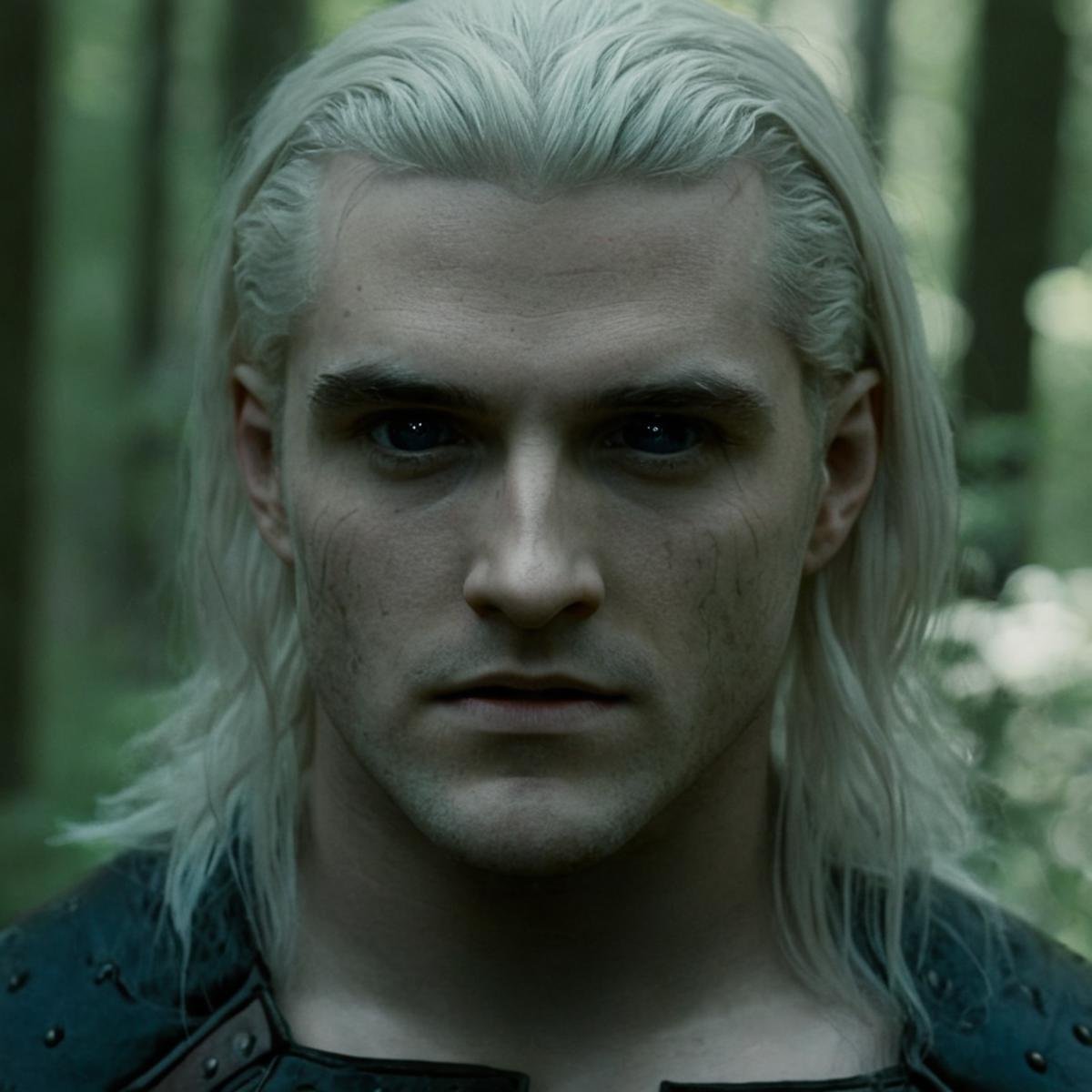 cinematic film still of <lora:black sclera v2:1>a witcher man with long hair and a white face in a forest,solo,long hair,blue eyes,blonde hair,1boy,white hair,male focus,armor,facial hair,scar,scar on face,realistic,scar across eye , black sclera, black eyes, dark eyes, hollow eyes, empty eyes, blue veins, red veins, shallow depth of field, vignette, highly detailed, high budget, bokeh, cinemascope, moody, epic, gorgeous, film grain, grainy