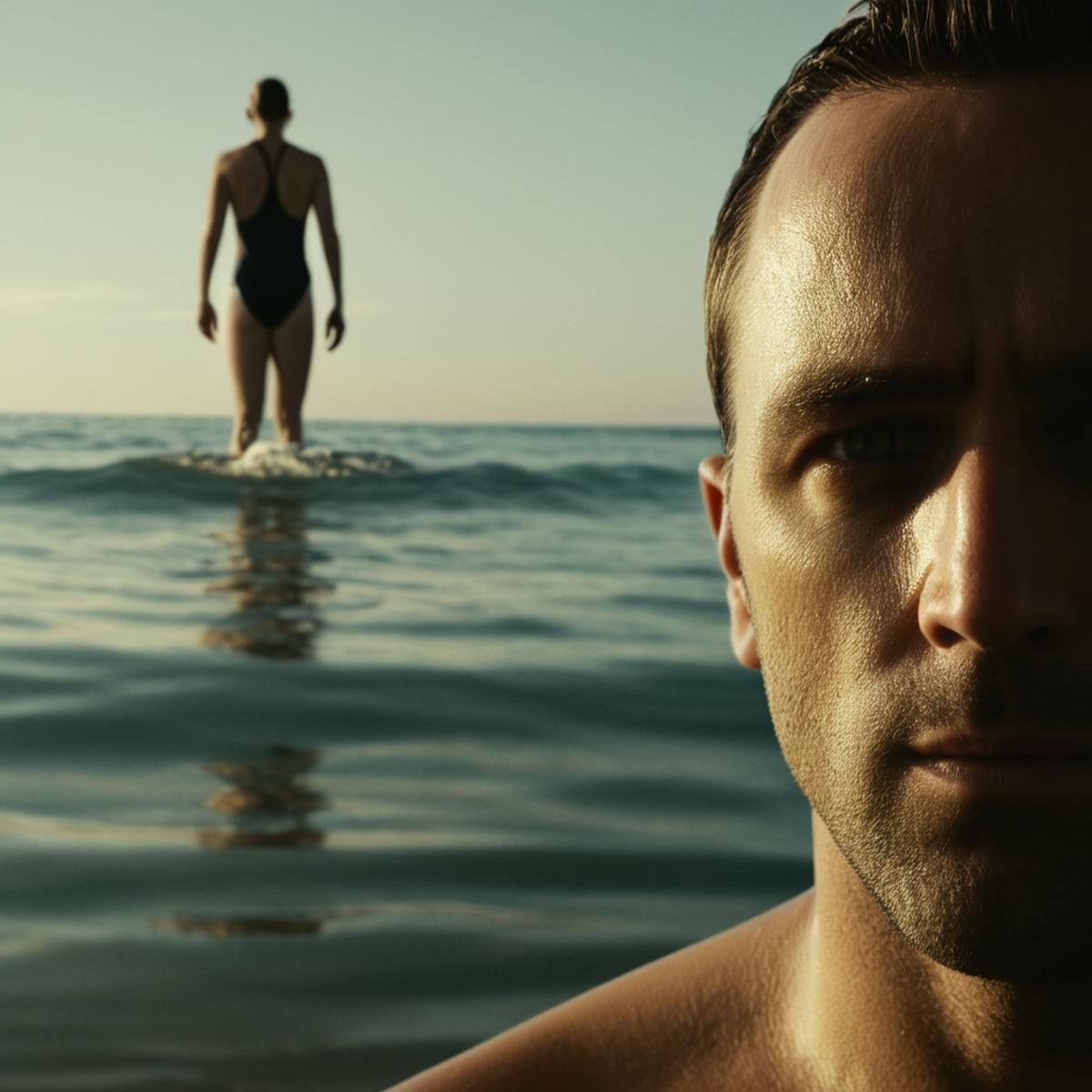 cinematic film still of  <lora:Split Diopter style:1>Split image focus of closeup of a man is standing on beach behind the water with a a woman swimming in background,Split Diopter styl, shallow depth of field, vignette, highly detailed, high budget, bokeh, cinemascope, moody, epic, gorgeous, film grain, grainy