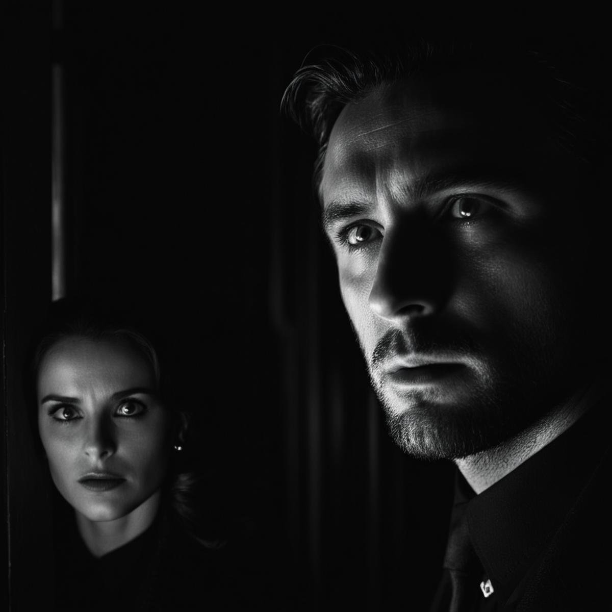 cinematic film still of  <lora:Split Diopter style:1>From above, Split image focus of a closeup of a man is looking up at something with a woman in the background at door steps in a dark dim room in a scene from a film noir movie,Split Diopter style,solo,looking at viewer,1boy,monochrome,greyscale,shadow,black background,dark,eye focus,nearsighted,farsighted,split,split focus,focus,sharp focus,deep focus,Split focus,split screen , artistic, Kodak, dramatic light, dramatic shadow light, contrast, saturated color, cinematic, filmic, motion picture, realistic, realism, perfection, perfect, deep focus, clean image, wide screen, detailed image, cinematic, deep space composition, shallow depth of field, vignette, highly detailed, high budget, bokeh, cinemascope, moody, epic, gorgeous, film grain, grainy