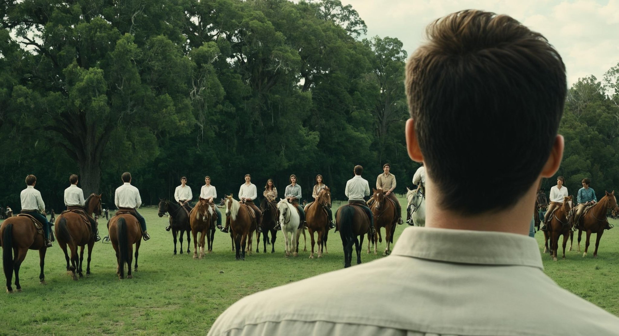 cinematic film still of  <lora:Split Diopter style:1>Split image focus of a man's back at the left looking at a group of people riding horses far away,Split Diopter style,short hair,multiple girls,brown hair,shirt,black hair,white shirt,upper body,male focus,outdoors,multiple boys,sky,cloud,from behind,blurry,tree,grass,nature,field,eren yeager,nearsighted,farsighted,split,split focus,focus,sharp focus,deep focus,Split focus,split screen , artistic, Kodak, dramatic light, dramatic shadow light, contrast, saturated color, cinematic, filmic, motion picture, realistic, realism, perfection, perfect, deep focus, clean image, wide screen, detailed image, cinematic, deep space composition, shallow depth of field, vignette, highly detailed, high budget, bokeh, cinemascope, moody, epic, gorgeous, film grain, grainy