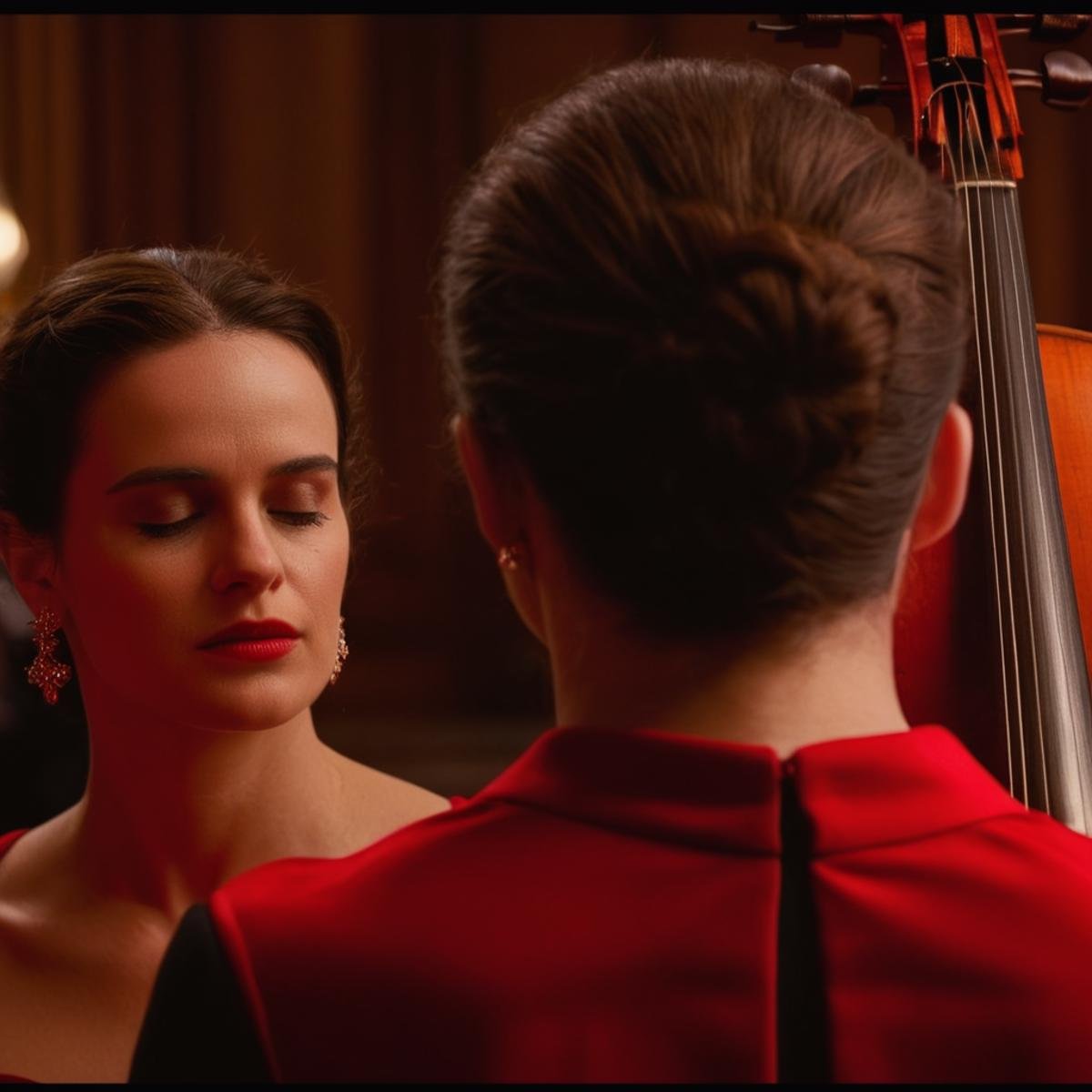 cinematic film still of  <lora:Split Diopter style:1>Split image focus of closeup of a man's back head is looking at a woman in a red dress playing a cello,Split Diopter style,1girl,solo,short hair,brown hair,black hair,dress,jewelry,closed eyes,red dress,instrument,music,playing instrument,violin,bow (music),nearsighted,farsighted,split,split focus,focus,sharp focus,deep focus,Split focus,split screen , artistic, Kodak, dramatic light, dramatic shadow light, contrast, saturated color, cinematic, filmic, motion picture, realistic, realism, perfection, perfect, deep focus, clean image, wide screen, detailed image, cinematic, deep space composition, shallow depth of field, vignette, highly detailed, high budget, bokeh, cinemascope, moody, epic, gorgeous, film grain, grainy