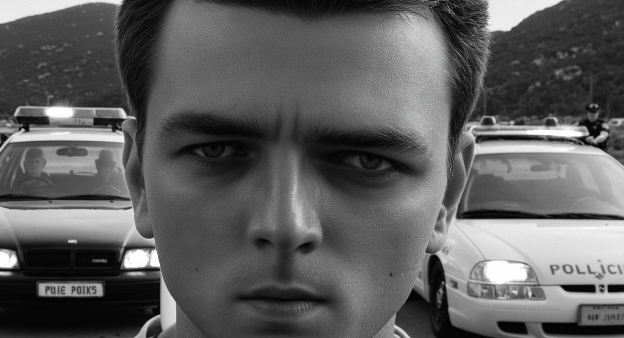 cinematic film still of  <lora:Split Diopter style:1>Split image focus of a closeup of a man in a car in front of camera looking at a police car in background,Split Diopter style,1boy,monochrome,greyscale,male focus,parted lips,ground vehicle,motor vehicle,car,nearsighted,farsighted,split,split focus,focus,sharp focus,deep focus,Split focus,split screen , artistic, Kodak, dramatic light, dramatic shadow light, contrast, saturated color, cinematic, filmic, motion picture, realistic, realism, perfection, perfect, deep focus, clean image, wide screen, detailed image, cinematic, deep space composition, shallow depth of field, vignette, highly detailed, high budget, bokeh, cinemascope, moody, epic, gorgeous, film grain, grainy