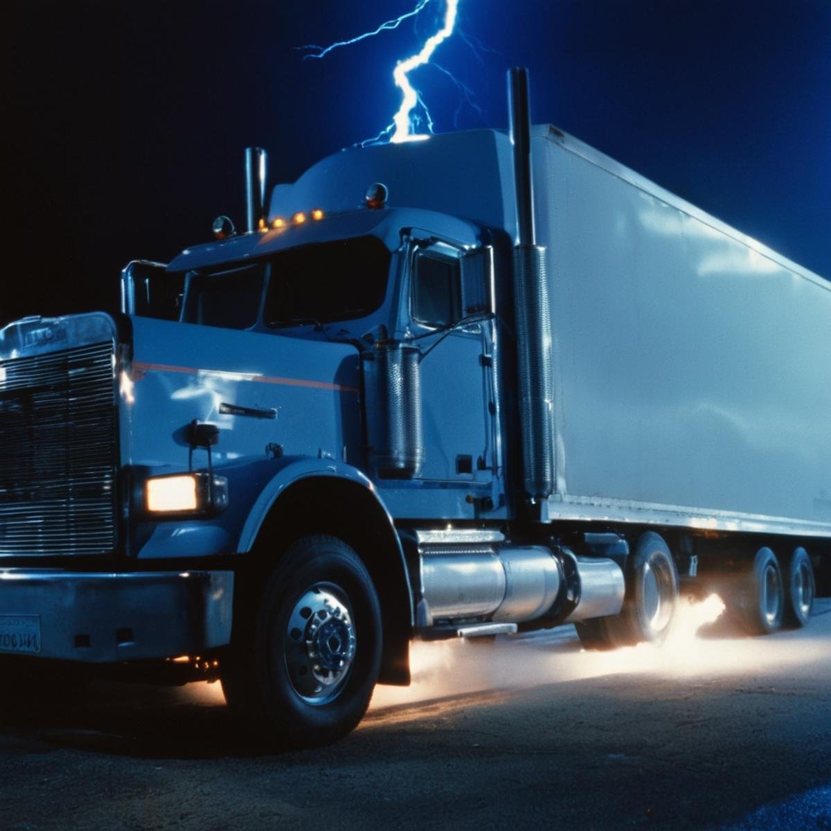 cinematic film still of  <lora:Terminator 2 style:0.8>In the 1990's a semi truck with a lightning bolt on the back,Extras,lighting,night,outdoors,no humans,ground vehicle,scenery,motor vehicle,blue theme,electricity,car,vehicle focus,truck , cinematic color, contrast, filmic, science fiction themed, action themed, cinematic look, dramatic light, dramatic shadow light, realistic, realism, perfection, perfect, Kodak, Kodak film, movie still, Terminator style, The Terminator 1991 Film style, shallow depth of field, vignette, highly detailed, high budget, bokeh, cinemascope, moody, epic, gorgeous, film grain, grainy