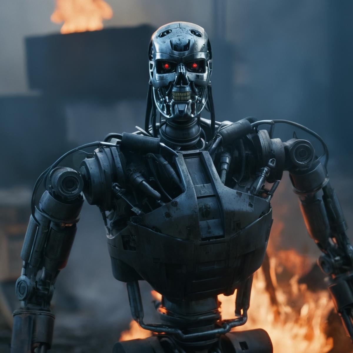 cinematic film still of  <lora:Terminator 2 style:1>In the 1990's T-800 a robot with a burning body in front of a fire,metal endoskeleton,killing machine,solo,looking at viewer,red eyes,1boy,upper body,male focus,mask,glowing,fire,robot,science fiction,cyborg,embers,humanoid robot , cinematic color, contrast, filmic, science fiction themed, action themed, cinematic look, dramatic light, dramatic shadow light, realistic, realism, perfection, perfect, Kodak, Kodak film, movie still, Terminator style, The Terminator 1991 Film style, shallow depth of field, vignette, highly detailed, high budget, bokeh, cinemascope, moody, epic, gorgeous, film grain, grainy