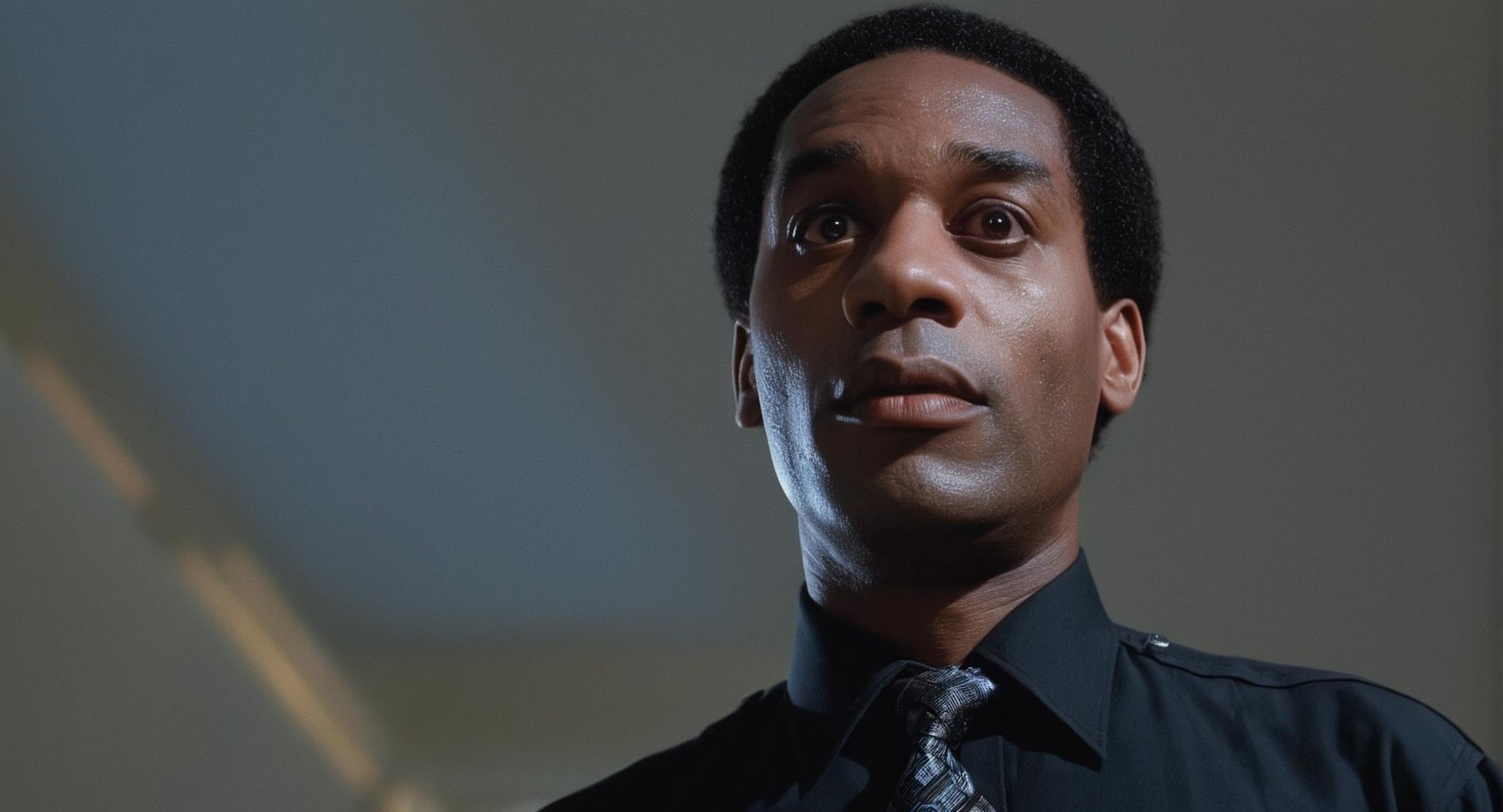 cinematic film still of  <lora:Terminator 2 style:1>In the 1990's Joe Morton Miles Bennett Dyson a man with a black shirt and tie looking up,inventor of the microprocessor,African Black American,solo,black hair,male focus,parted lips,teeth,black eyes,blue theme,realistic , cinematic color, contrast, filmic, science fiction themed, action themed, cinematic look, dramatic light, dramatic shadow light, realistic, realism, perfection, perfect, Kodak, Kodak film, movie still, Terminator style, The Terminator 1991 Film style, shallow depth of field, vignette, highly detailed, high budget, bokeh, cinemascope, moody, epic, gorgeous, film grain, grainy