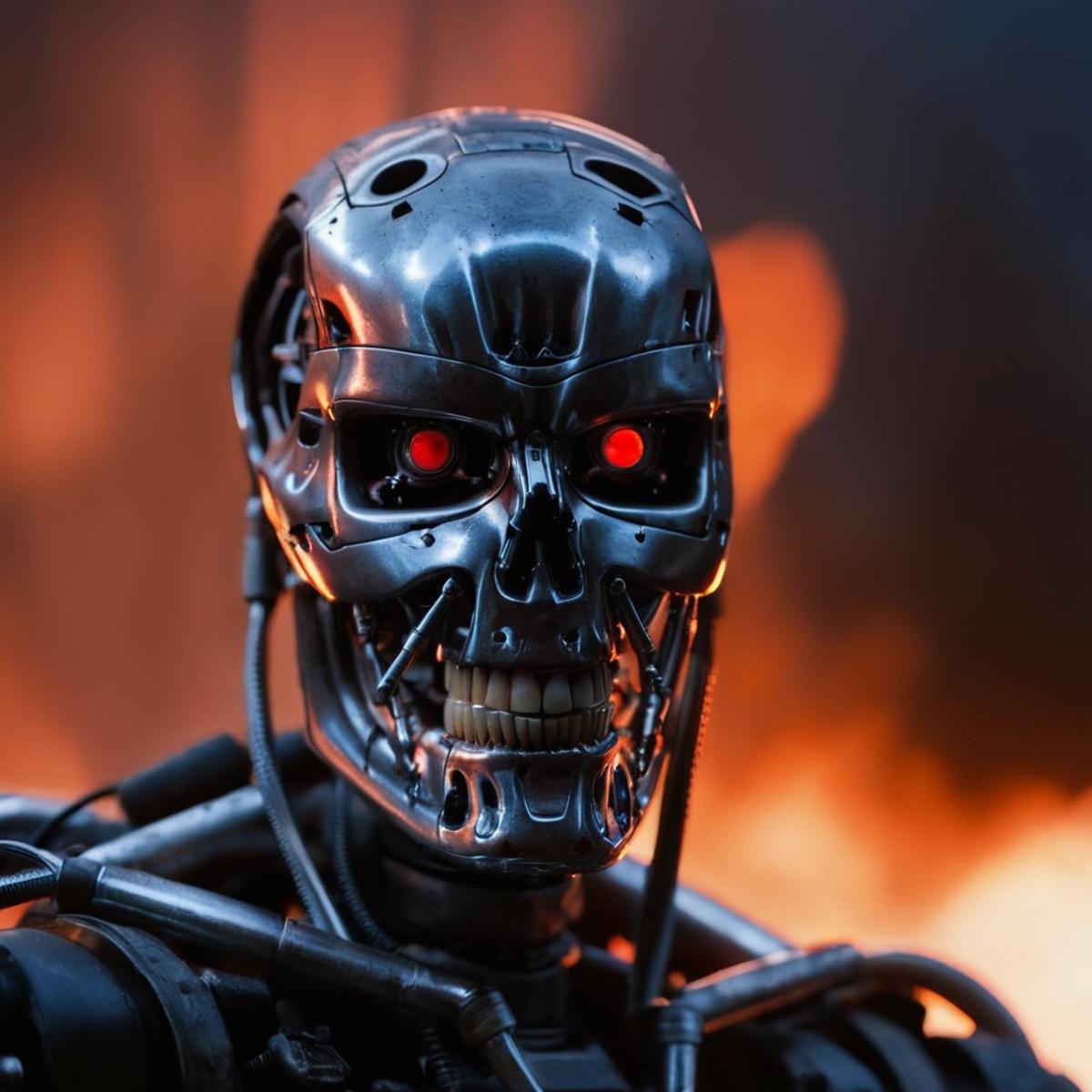 cinematic film still of  <lora:Terminator 2 style:0.8>In the 1990's T-800 a skull with creepy smile staring on a fire background,metal endoskeleton,killing machine,closeup,solo,red eyes,teeth,no humans,glowing,glowing eyes,skull,skeleton , cinematic color, contrast, filmic, science fiction themed, action themed, cinematic look, dramatic light, dramatic shadow light, realistic, realism, perfection, perfect, Kodak, Kodak film, movie still, Terminator style, The Terminator 1991 Film style, shallow depth of field, vignette, highly detailed, high budget, bokeh, cinemascope, moody, epic, gorgeous, film grain, grainy