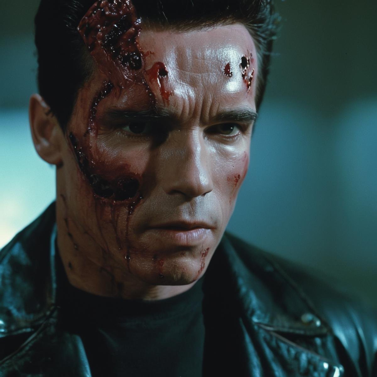 cinematic film still of  <lora:Terminator 2 style:0.8>In the 1990's Model101 a man with a bloody face and a leather jacket,hero,protector,metallic face wound,solo,shirt,black hair,1boy,closed mouth,jacket,white shirt,upper body,male focus,black jacket,realistic,leather,leather jacket , cinematic color, contrast, filmic, science fiction themed, action themed, cinematic look, dramatic light, dramatic shadow light, realistic, realism, perfection, perfect, Kodak, Kodak film, movie still, Terminator style, The Terminator 1991 Film style, shallow depth of field, vignette, highly detailed, high budget, bokeh, cinemascope, moody, epic, gorgeous, film grain, grainy