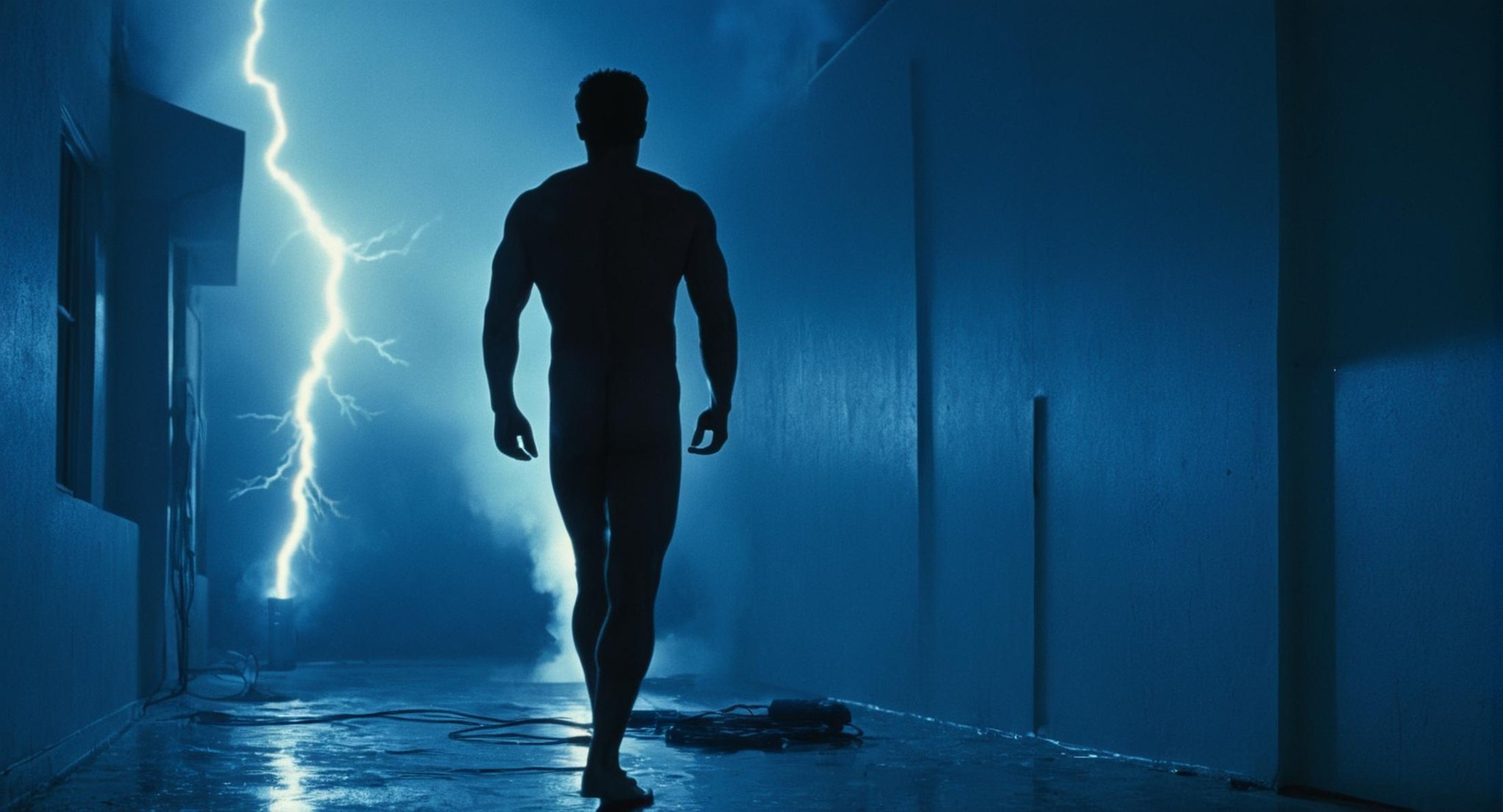 cinematic film still of  <lora:Terminator 2 style:0.8>In the 1990's a nude man from behind standing in front of a building with a lightning bolt,Extras,lighting,night,no humans,building,scenery,blue theme,electricity , cinematic color, contrast, filmic, science fiction themed, action themed, cinematic look, dramatic light, dramatic shadow light, realistic, realism, perfection, perfect, Kodak, Kodak film, movie still, Terminator style, The Terminator 1991 Film style, shallow depth of field, vignette, highly detailed, high budget, bokeh, cinemascope, moody, epic, gorgeous, film grain, grainy