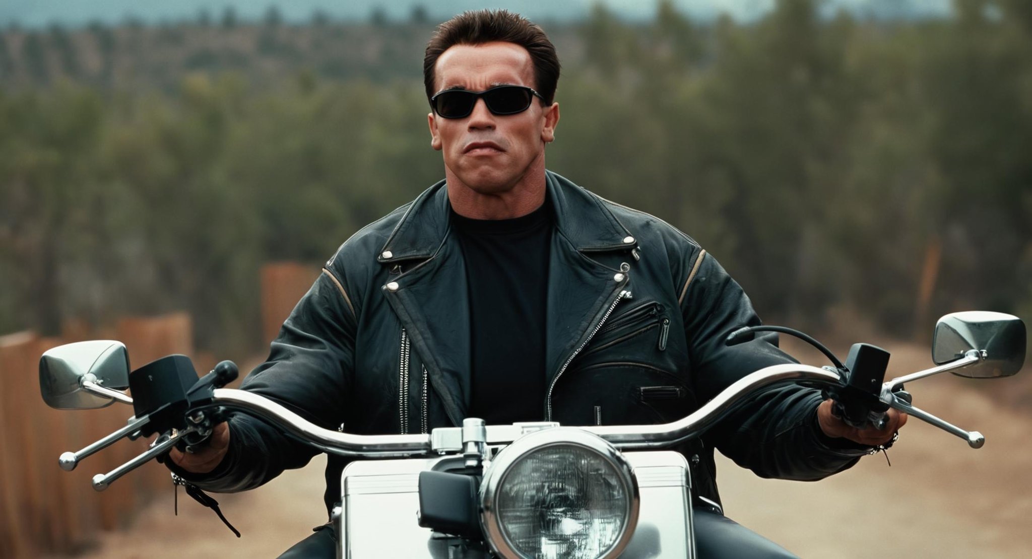 cinematic film still of  <lora:Terminator 2 style:1>In the 1990's Model101 Arnold Schwarzenegger 1man in a leather jacket and sunglasses on a motorcycle,hero,protector,solo,black hair,1boy,jacket,male focus,blurry,black jacket,black shirt,facial hair,sunglasses,ground vehicle,motor vehicle,cigarette,realistic,stubble,smoking,leather,motorcycle,leather jacket,aviator sunglasses , cinematic color, contrast, filmic, science fiction themed, action themed, cinematic look, dramatic light, dramatic shadow light, realistic, realism, perfection, perfect, Kodak, Kodak film, movie still, Terminator style, The Terminator 1991 Film style, shallow depth of field, vignette, highly detailed, high budget, bokeh, cinemascope, moody, epic, gorgeous, film grain, grainy