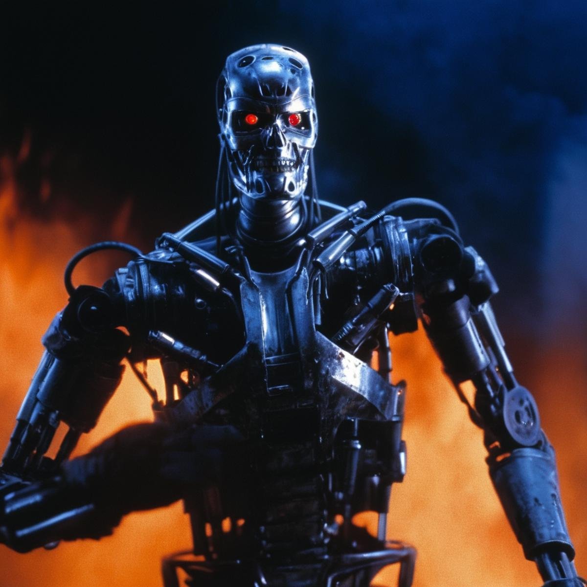 cinematic film still of  <lora:Terminator 2 style:1> at night cool lightIn the 1990's T-800 a robot in a black suit with flames on his chest,metal endoskeleton,killing machine,solo,red eyes,1boy,upper body,male focus,armor,glowing,helmet,fire,glowing eyes,science fiction,full armor,embers , cinematic color, contrast, filmic, science fiction themed, action themed, cinematic look, dramatic light, dramatic shadow light, realistic, realism, perfection, perfect, Kodak, Kodak film, movie still, Terminator style, The Terminator 1991 Film style, shallow depth of field, vignette, highly detailed, high budget, bokeh, cinemascope, moody, epic, gorgeous, film grain, grainy