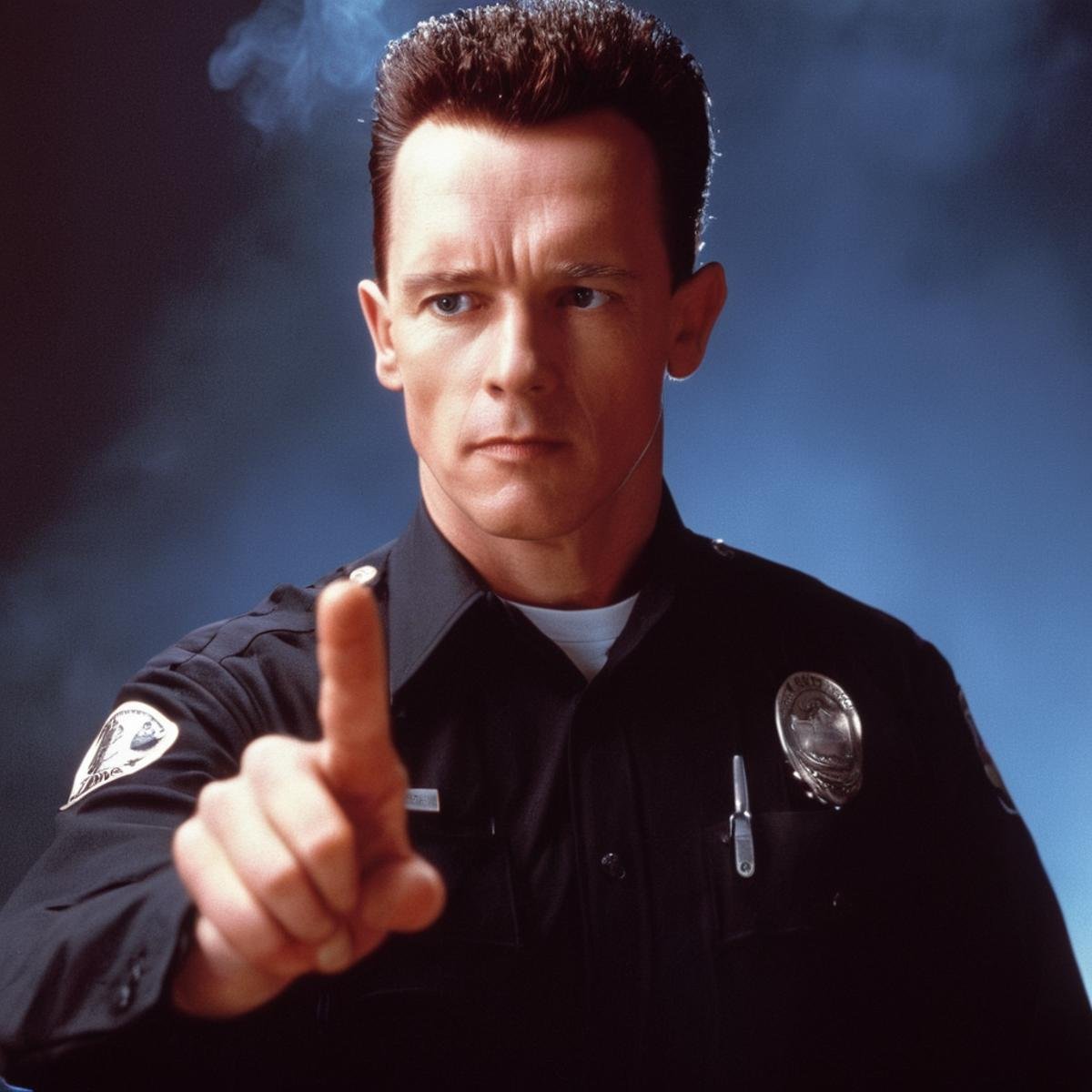 cinematic film still of  <lora:Terminator 2 style:1>In the 1990's T1000 Robert Patrick a man in a black police shirt holding his index finger with a no sign gustier sign while staring at camera,antagonist,serial killer,psychopath,warm color,explosion in background,solo,looking at viewer,1boy,upper body,male focus,pointy ears,chain,realistic , cinematic color, contrast, filmic, science fiction themed, action themed, cinematic look, dramatic light, dramatic shadow light, realistic, realism, perfection, perfect, Kodak, Kodak film, movie still, Terminator style, The Terminator 1991 Film style, shallow depth of field, vignette, highly detailed, high budget, bokeh, cinemascope, moody, epic, gorgeous, film grain, grainy