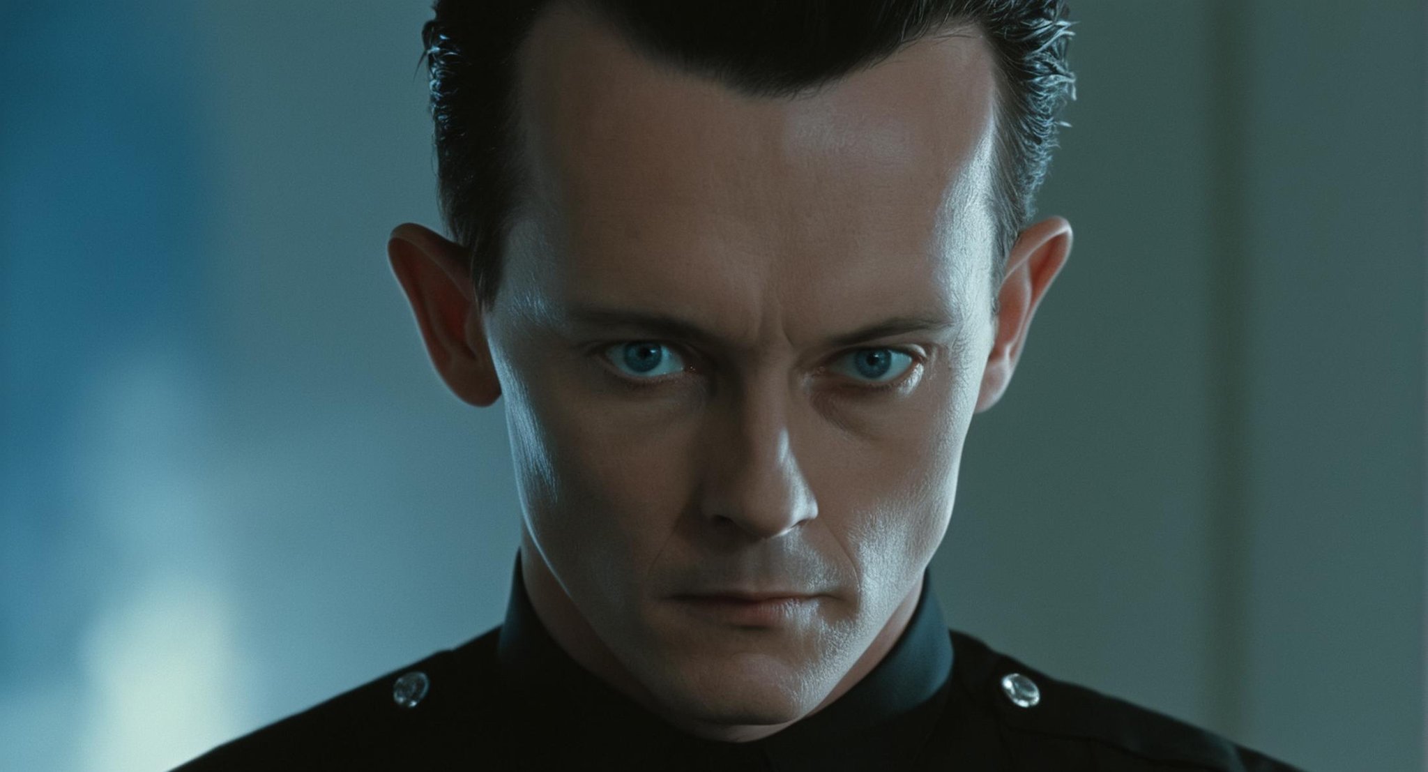 cinematic film still of  <lora:Terminator 2 style:1>In the 1990's T1000 Robert Patrick a man with a black shirt and a black shirt,antagonist,serial killer,psychopath,solo,short hair,blue eyes,black hair,1boy,closed mouth,male focus,pointy ears,blurry,blurry background,portrait,realistic , cinematic color, contrast, filmic, science fiction themed, action themed, cinematic look, dramatic light, dramatic shadow light, realistic, realism, perfection, perfect, Kodak, Kodak film, movie still, Terminator style, The Terminator 1991 Film style, shallow depth of field, vignette, highly detailed, high budget, bokeh, cinemascope, moody, epic, gorgeous, film grain, grainy