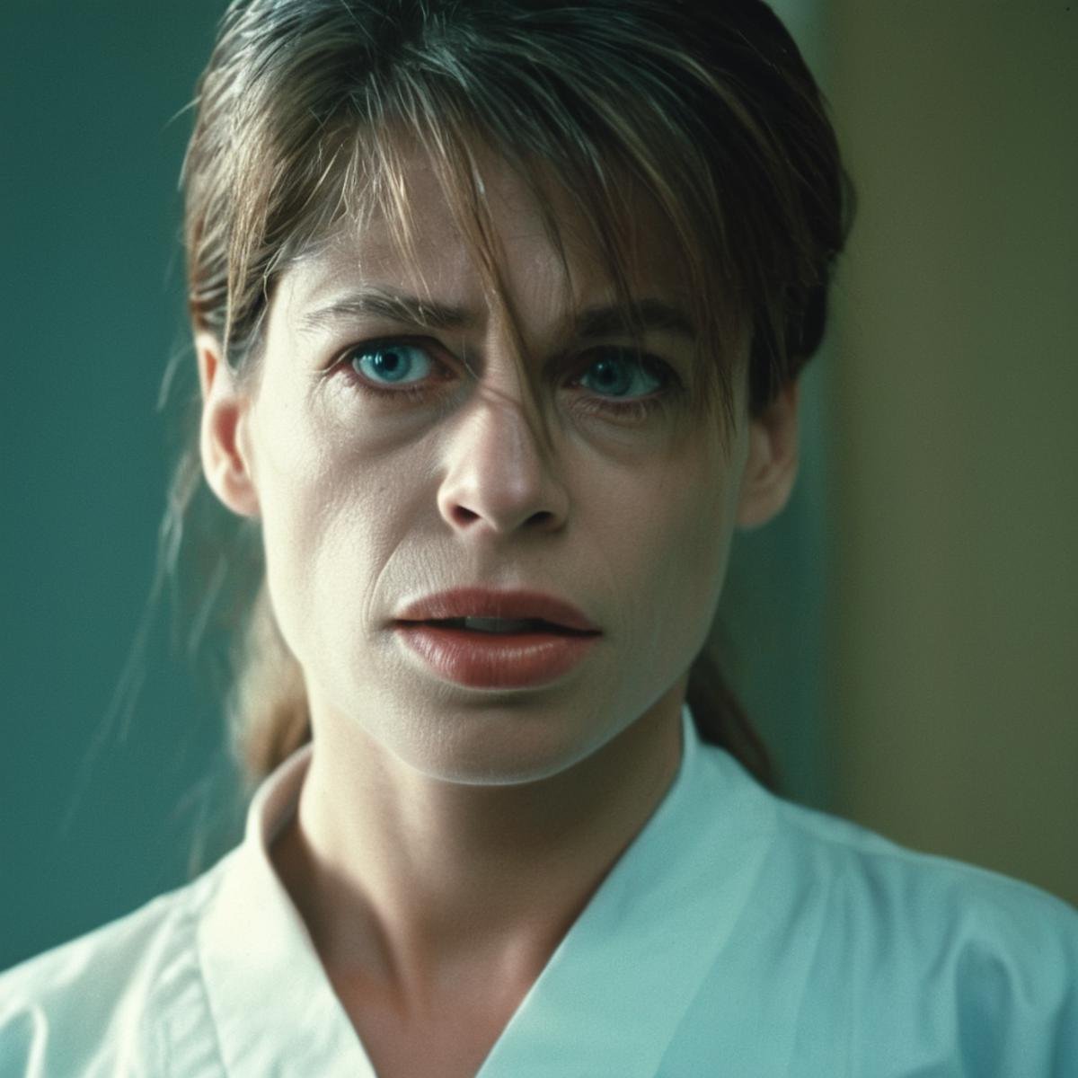 cinematic film still of  <lora:Terminator 2 style:1>In the 1990's Sarah Connor Linda Hamilton  a woman in a white shirt is looking at a man in a white shirt,self-trained,mother,antihero,1girl,long hair,looking at viewer,open mouth,blue eyes,brown hair,shirt,parted lips,teeth,solo focus,indoors,blurry,lips,blurry background,realistic,horror (theme),hospital gown , cinematic color, contrast, filmic, science fiction themed, action themed, cinematic look, dramatic light, dramatic shadow light, realistic, realism, perfection, perfect, Kodak, Kodak film, movie still, Terminator style, The Terminator 1991 Film style, shallow depth of field, vignette, highly detailed, high budget, bokeh, cinemascope, moody, epic, gorgeous, film grain, grainy