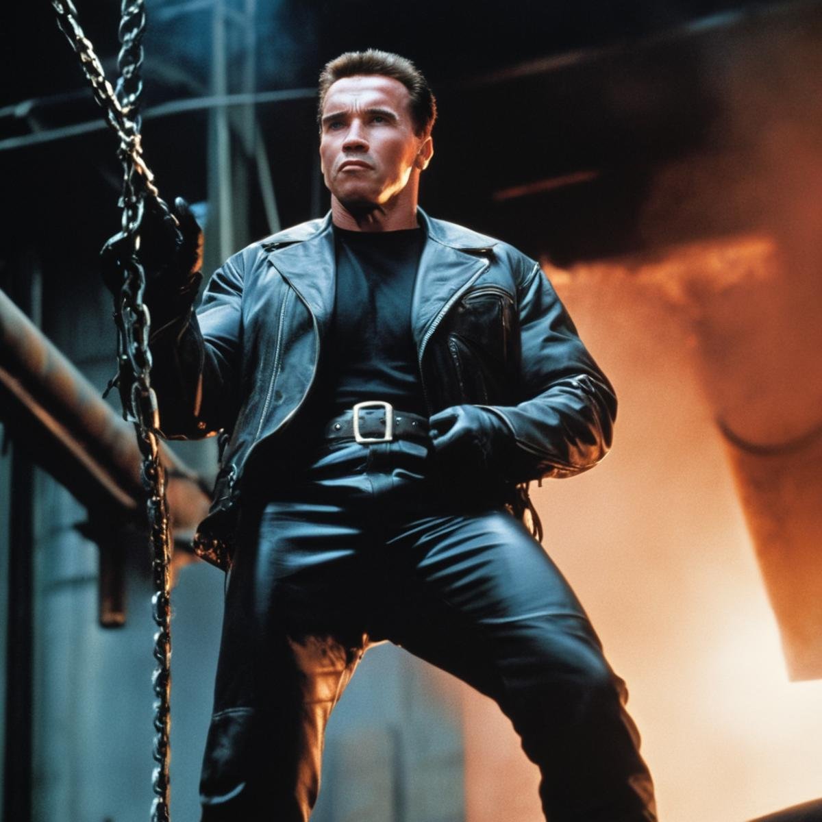 cinematic film still of  <lora:Terminator 2 style:0.8>In the 1990's From above,Model101 Arnold Schwarzenegger a man is suspended from a chain in the air,hero,protector,Liquid Molten Steel factory mill,solo,looking at viewer,gloves,1boy,jacket,full body,male focus,boots,belt,pants,torn clothes,glowing,chain , cinematic color, contrast, filmic, science fiction themed, action themed, cinematic look, dramatic light, dramatic shadow light, realistic, realism, perfection, perfect, Kodak, Kodak film, movie still, Terminator style, The Terminator 1991 Film style, shallow depth of field, vignette, highly detailed, high budget, bokeh, cinemascope, moody, epic, gorgeous, film grain, grainy