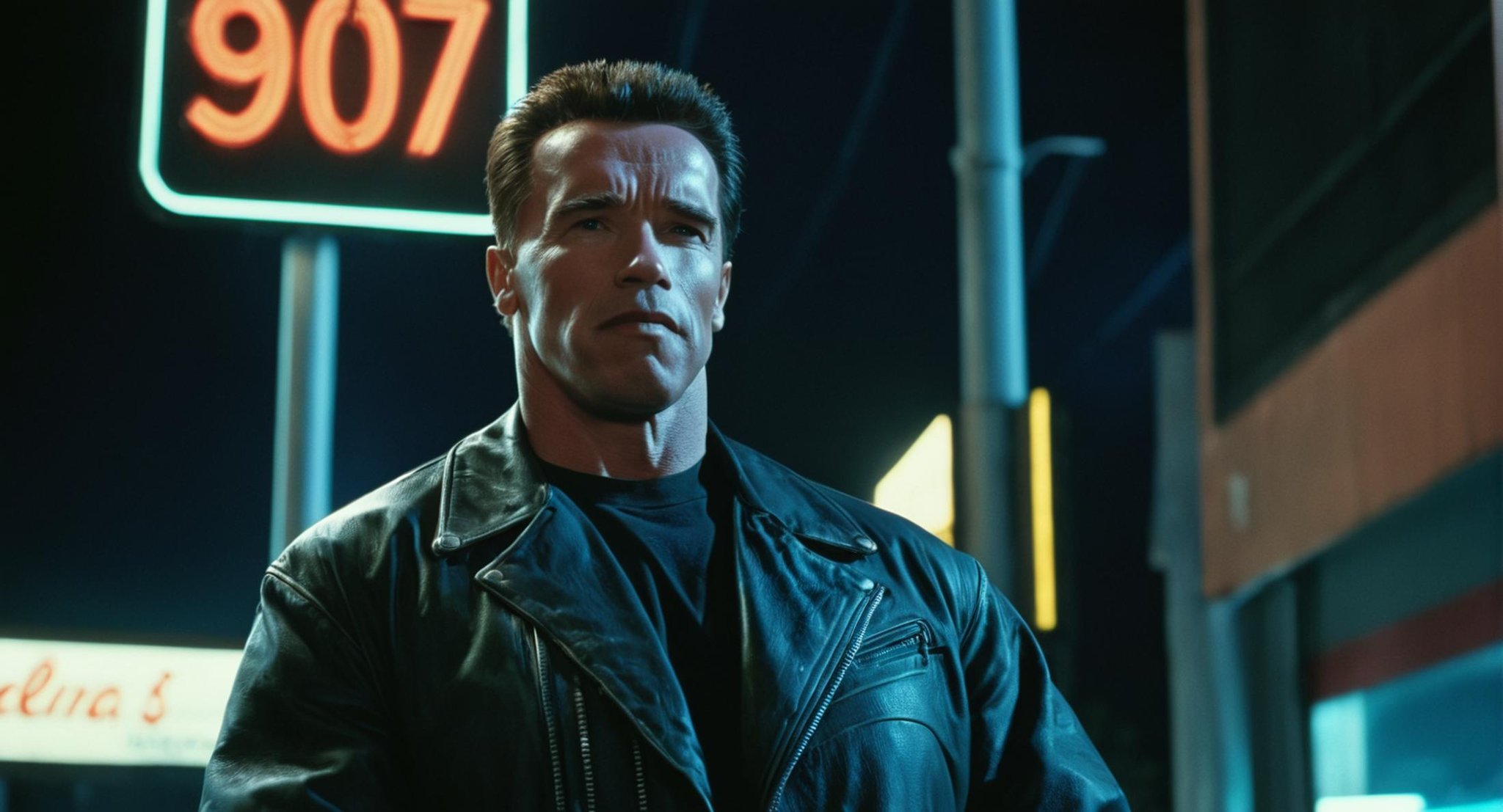 cinematic film still of  <lora:Terminator 2 style:0.8>In the 1990's Model101 Arnold Schwarzenegger a man in a leather jacket standing in front of a neon sign,hero,protector,low angle from below,epic low angle,solo,short hair,shirt,1boy,jacket,upper body,male focus,black shirt,facial hair,halo,science fiction,realistic,cyborg,cyberpunk , cinematic color, contrast, filmic, science fiction themed, action themed, cinematic look, dramatic light, dramatic shadow light, realistic, realism, perfection, perfect, Kodak, Kodak film, movie still, Terminator style, The Terminator 1991 Film style, shallow depth of field, vignette, highly detailed, high budget, bokeh, cinemascope, moody, epic, gorgeous, film grain, grainy