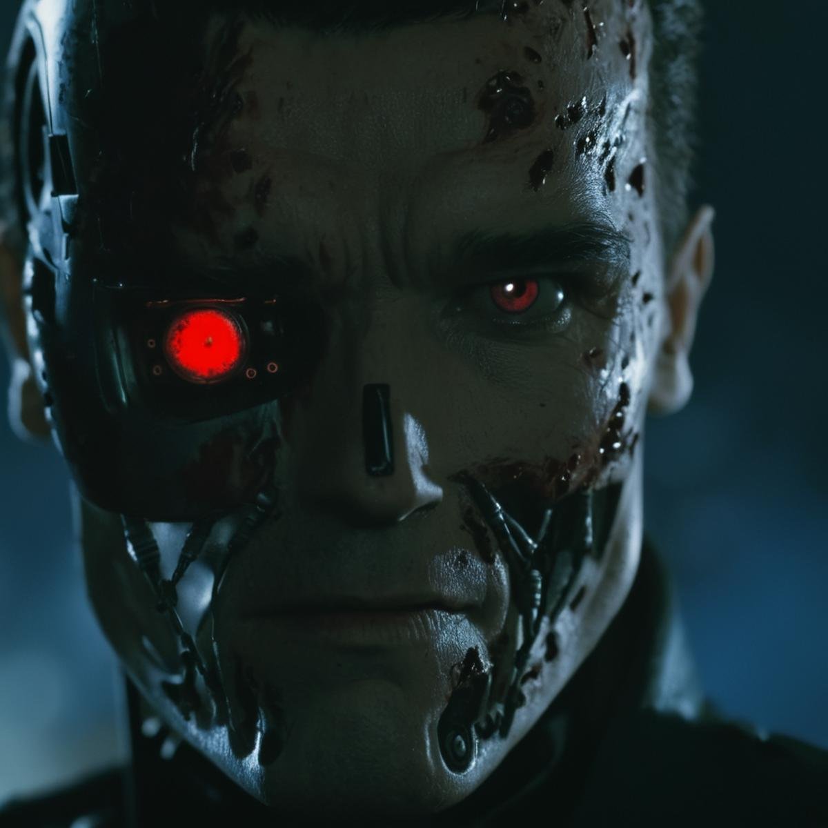 cinematic film still of  <lora:Terminator 2 style:1>In the 1990's Model101 a man with a bloody face and a 1red eye,hero,protector,1red eye,solo,looking at viewer,black hair,1boy,male focus,blood,glowing,robot,portrait,science fiction,blood on face,realistic,android,cyborg,damaged,horror (theme),guro,cyberpunk,mechanical parts , cinematic color, contrast, filmic, science fiction themed, action themed, cinematic look, dramatic light, dramatic shadow light, realistic, realism, perfection, perfect, Kodak, Kodak film, movie still, Terminator style, The Terminator 1991 Film style, shallow depth of field, vignette, highly detailed, high budget, bokeh, cinemascope, moody, epic, gorgeous, film grain, grainy