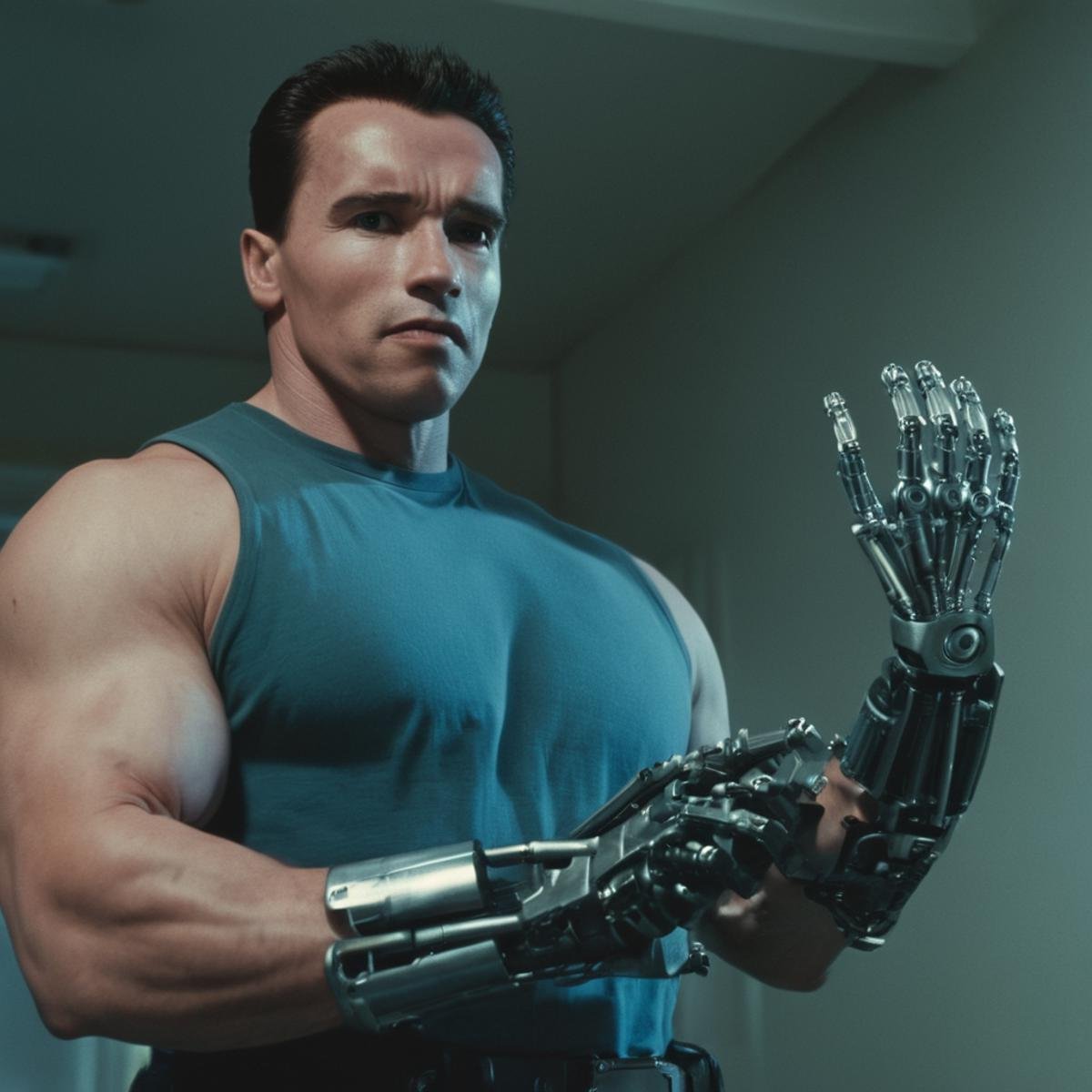 cinematic film still of  <lora:Terminator 2 style:1>In the 1990's Model101 Arnold Schwarzenegger a man holding a robotic hand in a room,hero,protector,cyborg arm,listen to me carefully,solo,short hair,shirt,black hair,1boy,closed mouth,upper body,short sleeves,male focus,indoors,hand up,blood,muscular,blue shirt,realistic,mechanical arms,manly,cyborg,single mechanical arm , cinematic color, contrast, filmic, science fiction themed, action themed, cinematic look, dramatic light, dramatic shadow light, realistic, realism, perfection, perfect, Kodak, Kodak film, movie still, Terminator style, The Terminator 1991 Film style, shallow depth of field, vignette, highly detailed, high budget, bokeh, cinemascope, moody, epic, gorgeous, film grain, grainy