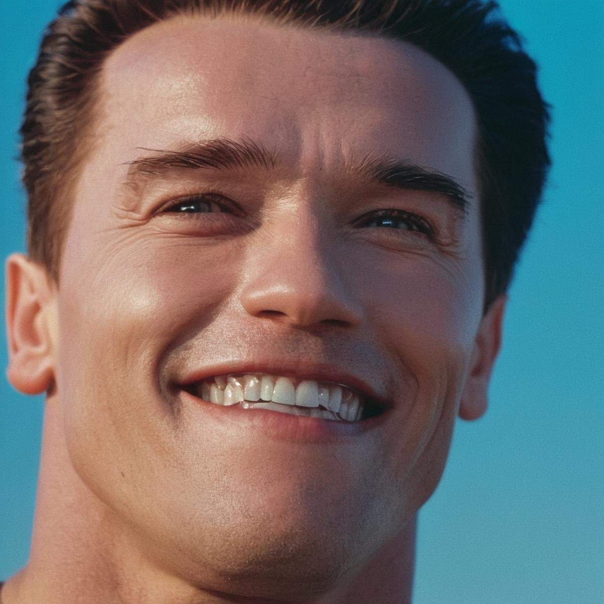 cinematic film still of  <lora:Terminator 2 style:1>In the 1990's Model101 Arnold Schwarzenegger a man smiling with a blue sky in the background,hero,protector,epic smile,iconic smile,lucky smile,solo,looking at viewer,smile,short hair,1boy,jewelry,male focus,earrings,teeth,grin,facial hair,blue background,portrait,realistic,stubble , cinematic color, contrast, filmic, science fiction themed, action themed, cinematic look, dramatic light, dramatic shadow light, realistic, realism, perfection, perfect, Kodak, Kodak film, movie still, Terminator style, The Terminator 1991 Film style, shallow depth of field, vignette, highly detailed, high budget, bokeh, cinemascope, moody, epic, gorgeous, film grain, grainy