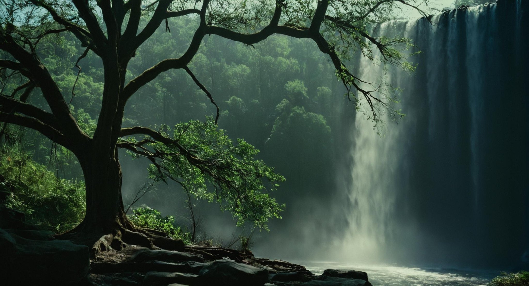 cinematic film still of  <lora:Ron Fricke style:1>a tree with a waterfall in the background,outdoors,tree,no humans,sunlight,nature,scenery,forest,branch,green theme,bare tree , realistic, realism, movie still, film grain, kodak film, film contrast, film color, cinematography, documentary, photography, 70 mm film, 65 mm film, Todd-AO, Todd-AO 35, 8K resolution, Ron Fricke film director style, Ron Fricke film directing style, Ron Fricke style, shallow depth of field, vignette, highly detailed, high budget, bokeh, cinemascope, moody, epic, gorgeous, film grain, grainy