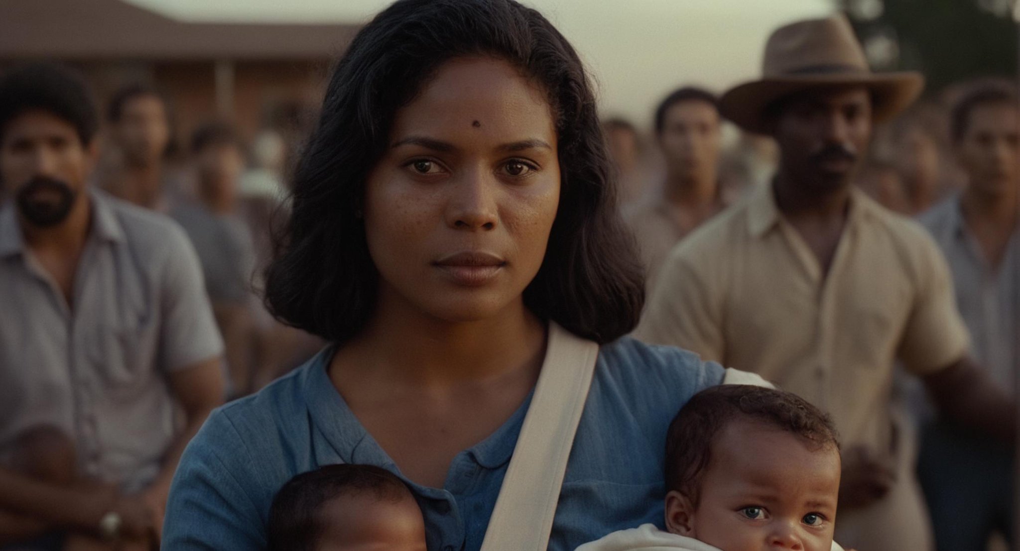 cinematic film still of  <lora:Ron Fricke style:1>a woman holding a baby in a sling,1girl,looking at viewer,blue eyes,black hair,hat,brown eyes,jewelry,multiple boys,dark skin,blurry,blurry background,facial hair,dark-skinned male,ground vehicle,child,freckles,realistic,mustache,overalls,bald,bicycle,baby , realistic, realism, movie still, film grain, kodak film, film contrast, film color, cinematography, documentary, photography, 70 mm film, 65 mm film, Todd-AO, Todd-AO 35, 8K resolution, Ron Fricke film director style, Ron Fricke film directing style, Ron Fricke style, shallow depth of field, vignette, highly detailed, high budget, bokeh, cinemascope, moody, epic, gorgeous, film grain, grainy