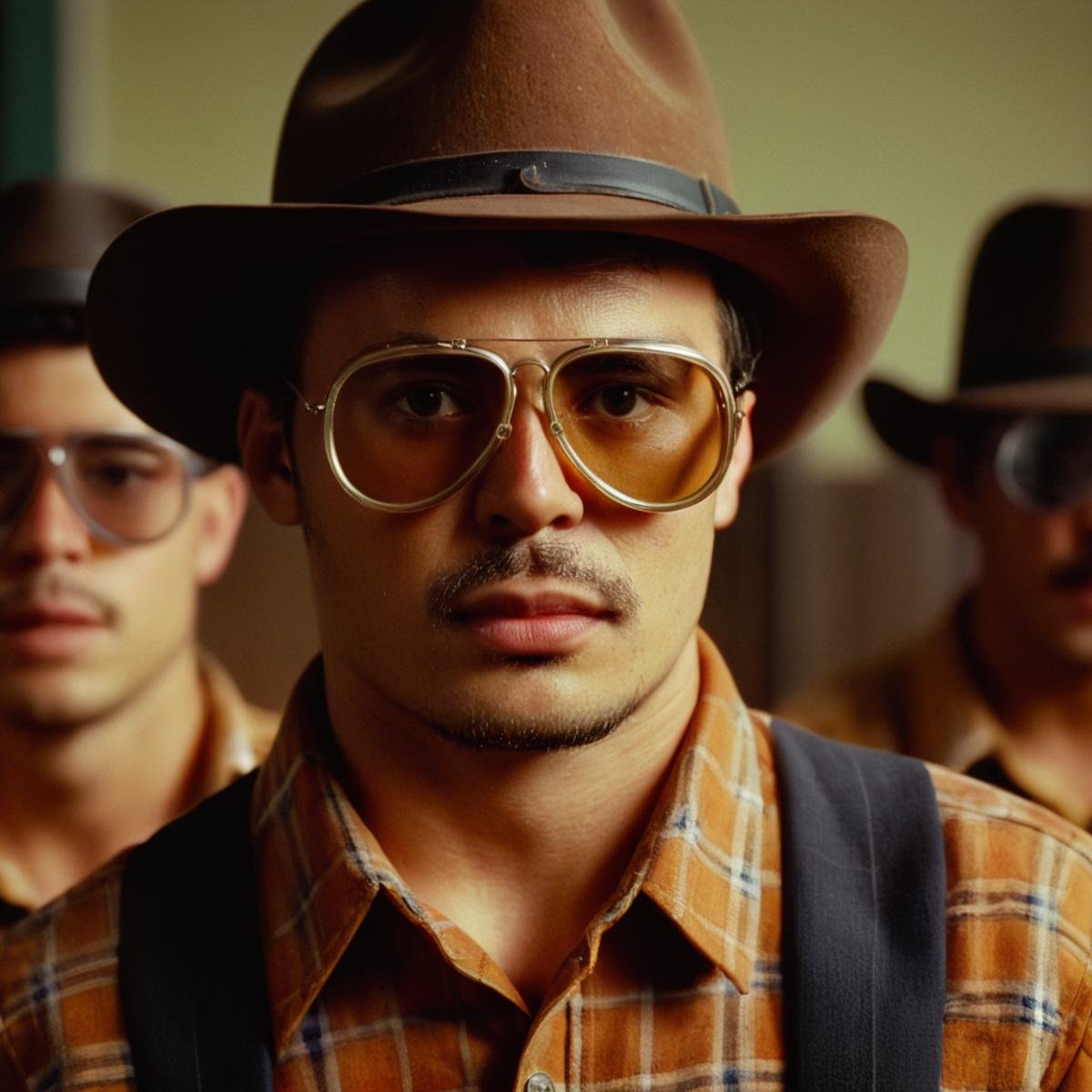 cinematic film still of  <lora:Ron Fricke style:1>a man wearing a cowboy hat and goggles,shirt,1boy,hat,male focus,multiple boys,collared shirt,indoors,2boys,blurry,blurry background,facial hair,realistic,brown headwear,brown shirt,orange shirt,plaid shirt , realistic, realism, movie still, film grain, kodak film, film contrast, film color, cinematography, documentary, photography, 70 mm film, 65 mm film, Todd-AO, Todd-AO 35, 8K resolution, Ron Fricke film director style, Ron Fricke film directing style, Ron Fricke style, shallow depth of field, vignette, highly detailed, high budget, bokeh, cinemascope, moody, epic, gorgeous, film grain, grainy