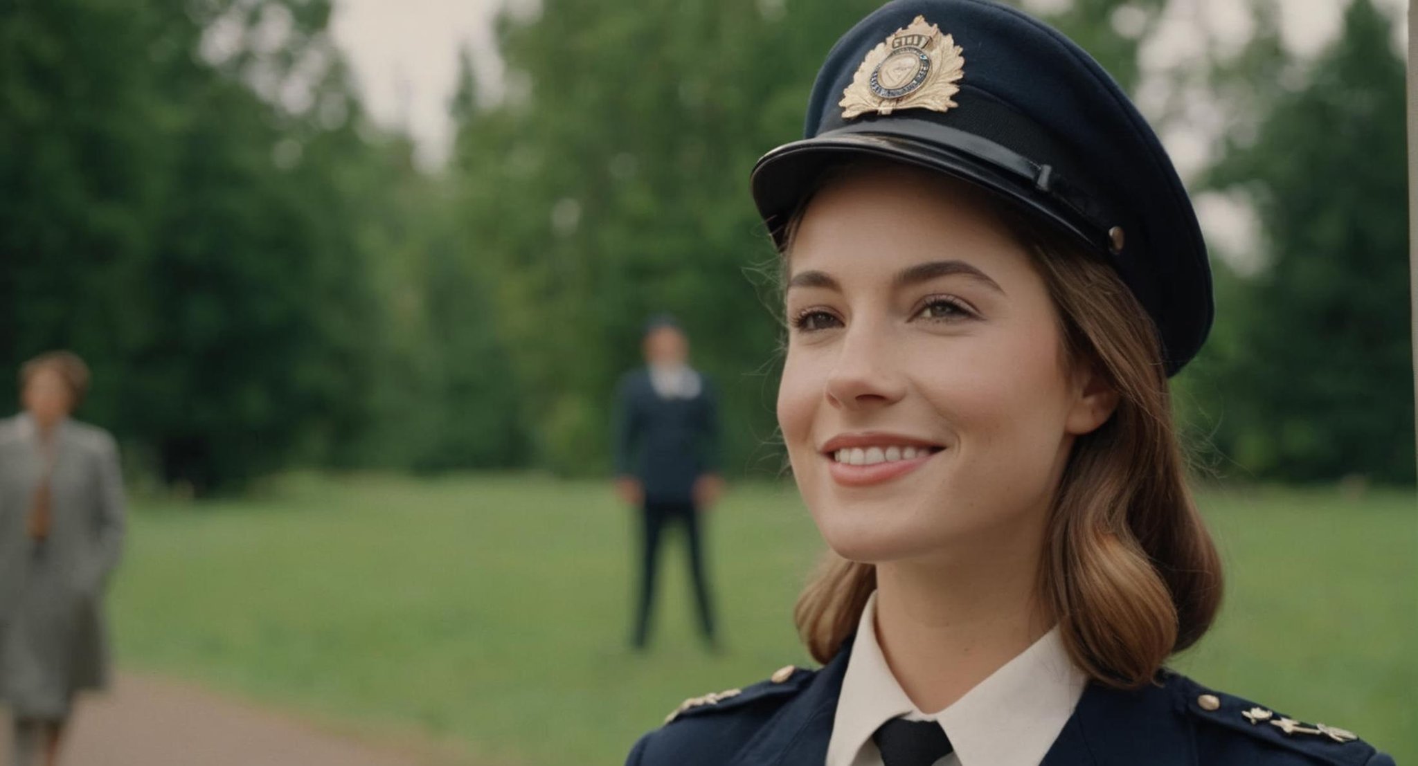 cinematic film still of  <lora:Retro:1> Grainy Cinematic Film stock footage in (arri alexa style) Kodak film print, a woman in a uniform smiling for a picture retro style, shallow depth of field, vignette, highly detailed, high budget, bokeh, cinemascope, moody, epic, gorgeous, film grain, grainy