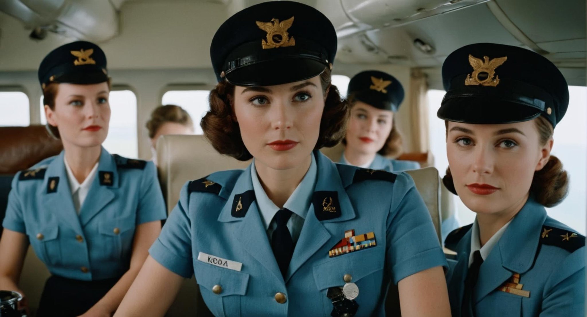 cinematic film still of  <lora:Retro:1> Grainy Cinematic Film stock footage in (arri alexa style) Kodak film print, three air hosts women in uniform posing on a plane retro style, shallow depth of field, vignette, highly detailed, high budget, bokeh, cinemascope, moody, epic, gorgeous, film grain, grainy